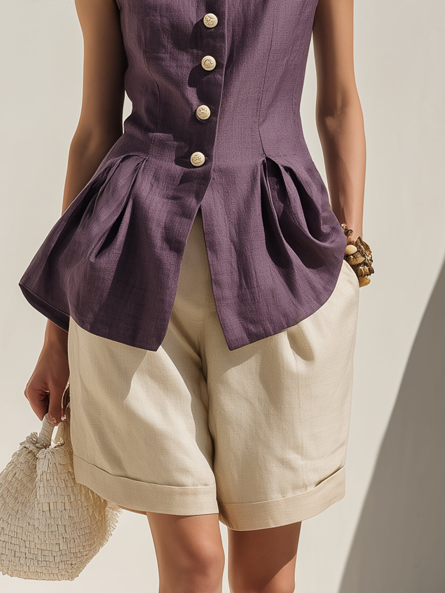 Elegant Coast Purple Cotton Linen Ruffled Stand Collar Vest And Beige Cotton Linen Shorts Set