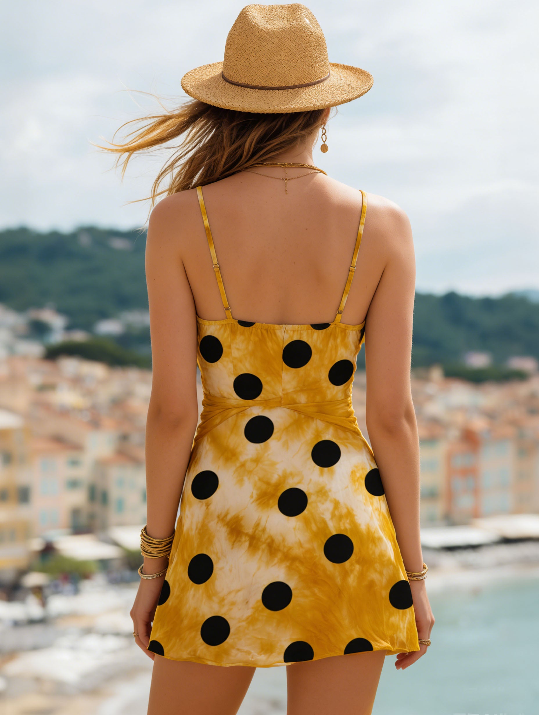 Stylish Vacation Yellow Tie-Dye Print Black Polka Dot Mini Dress