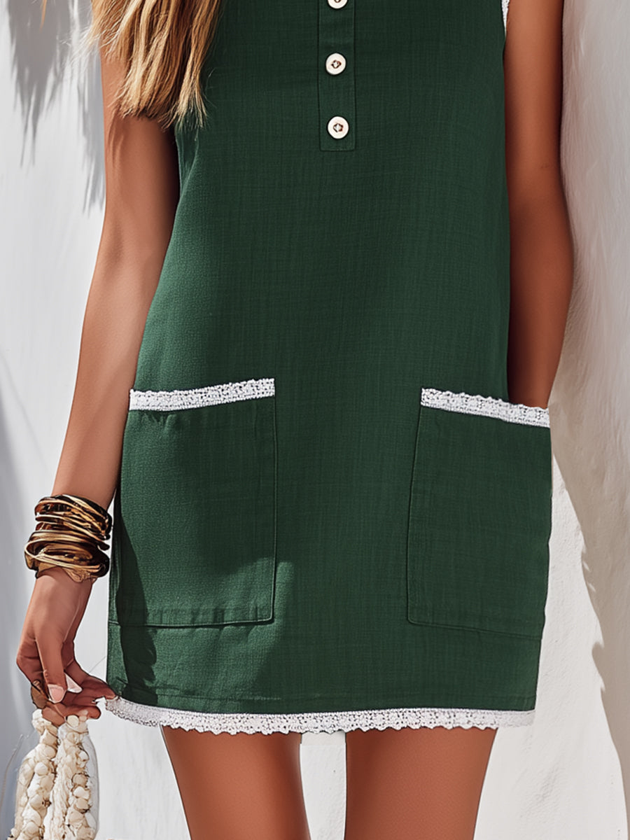 Casual Vacation White Lace Trim Green Cotton Linen Sleeveless Mini Dress