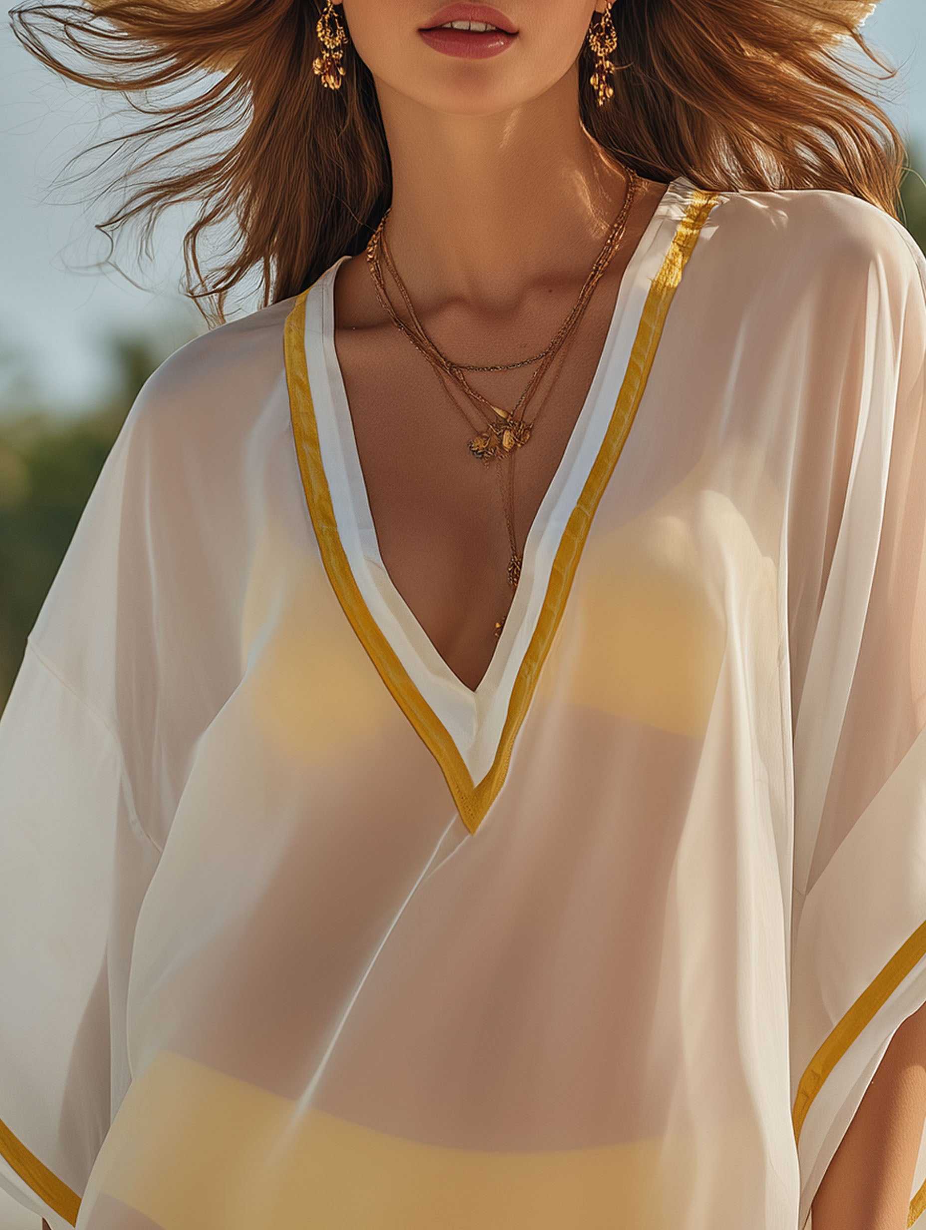Fashionable Beach White Chiffon Short-Sleeved With Yellow Ribbon Mini Dress