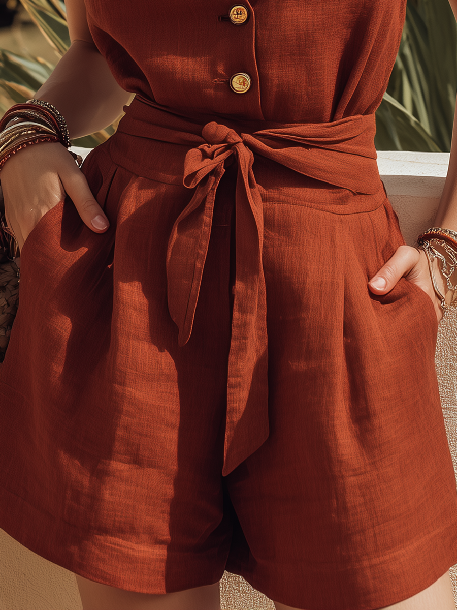 Vacation-Style Red Sleeveless V-Neck Top And Shorts Set