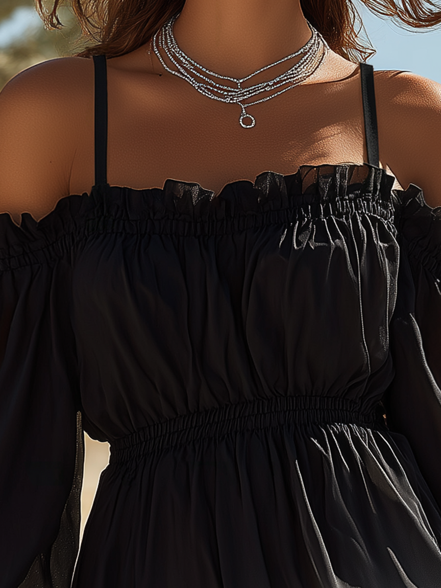 Vacation-Style Black And White Ombré Off-Shoulder Long-Sleeve Mini Dress