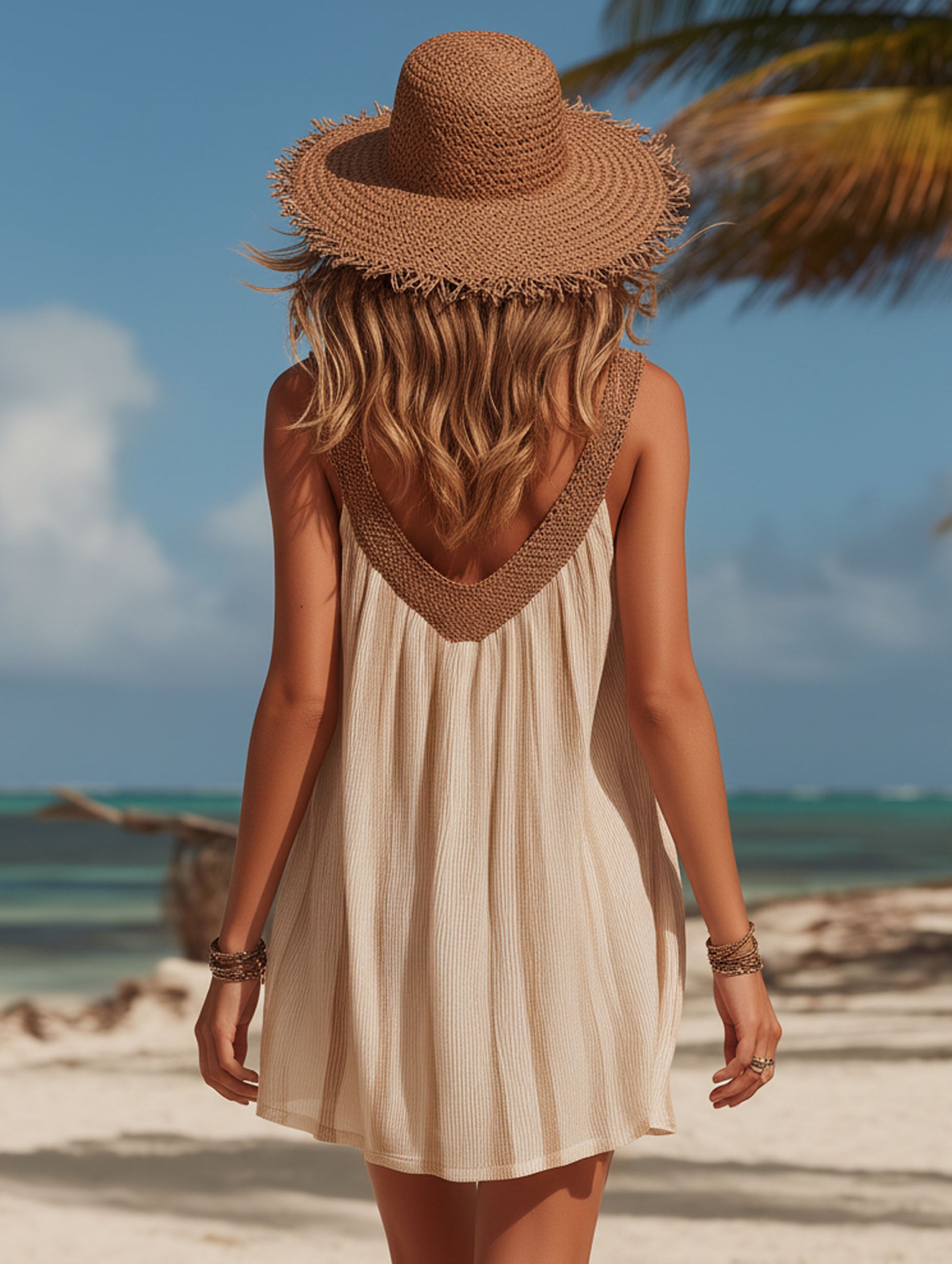 Casual Vacation Beige Chiffon Textured Fabric Spliced Neckline Mini Dress