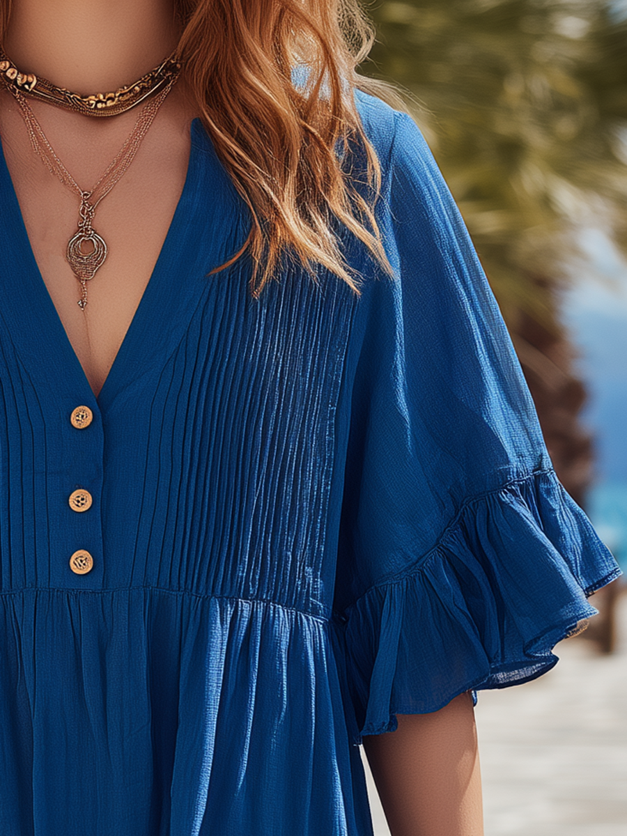 Vacation-Style Blue Loose-Fit V-Neck Short-Sleeve Mini Dress