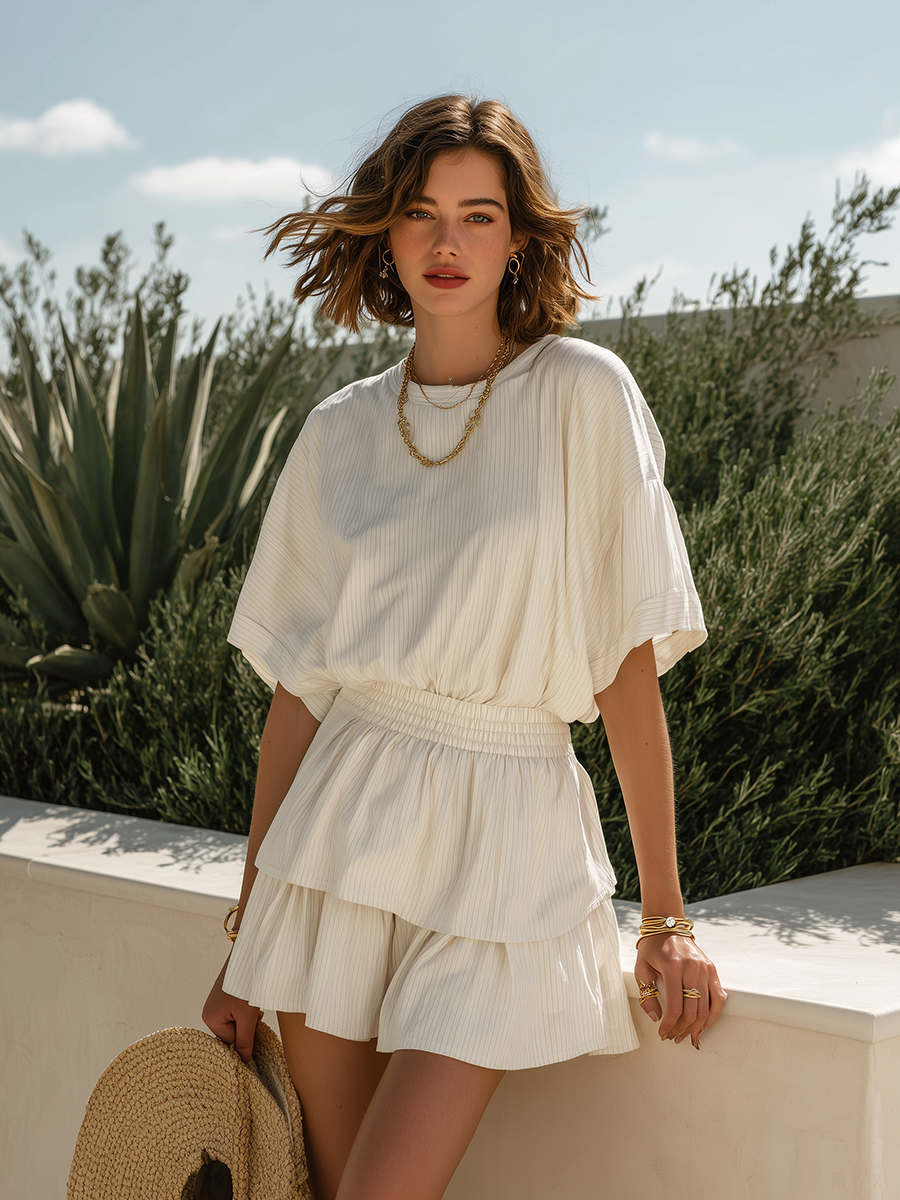 Vacation-Style Striped Crew-Neck Short-Sleeve Top And Mini Skirt Set