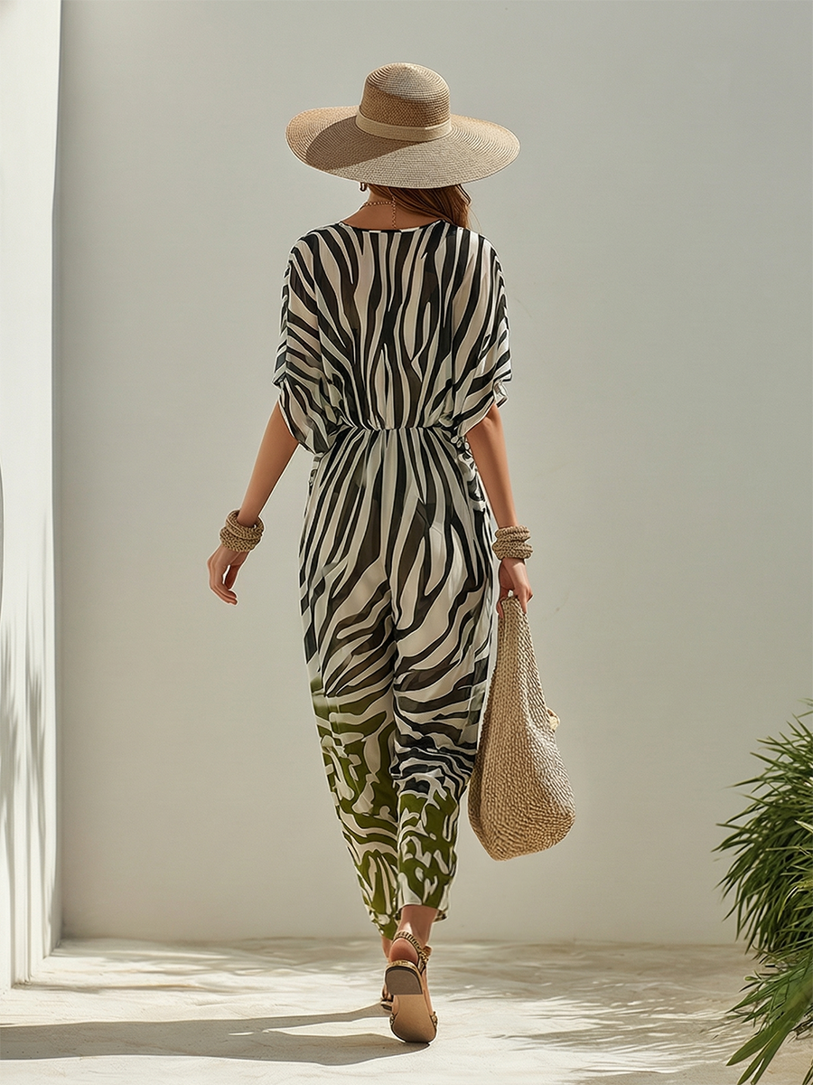 Chic Vacation-Style Color-Block Zebra Print Short-Sleeve Chiffon Jumpsuit