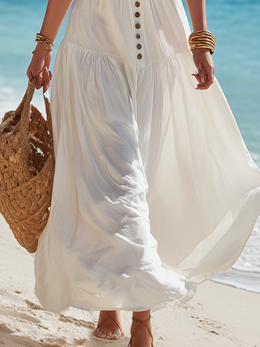 Romantic Bohemian Double-Strap White Cotton-Linen Maxi Dress