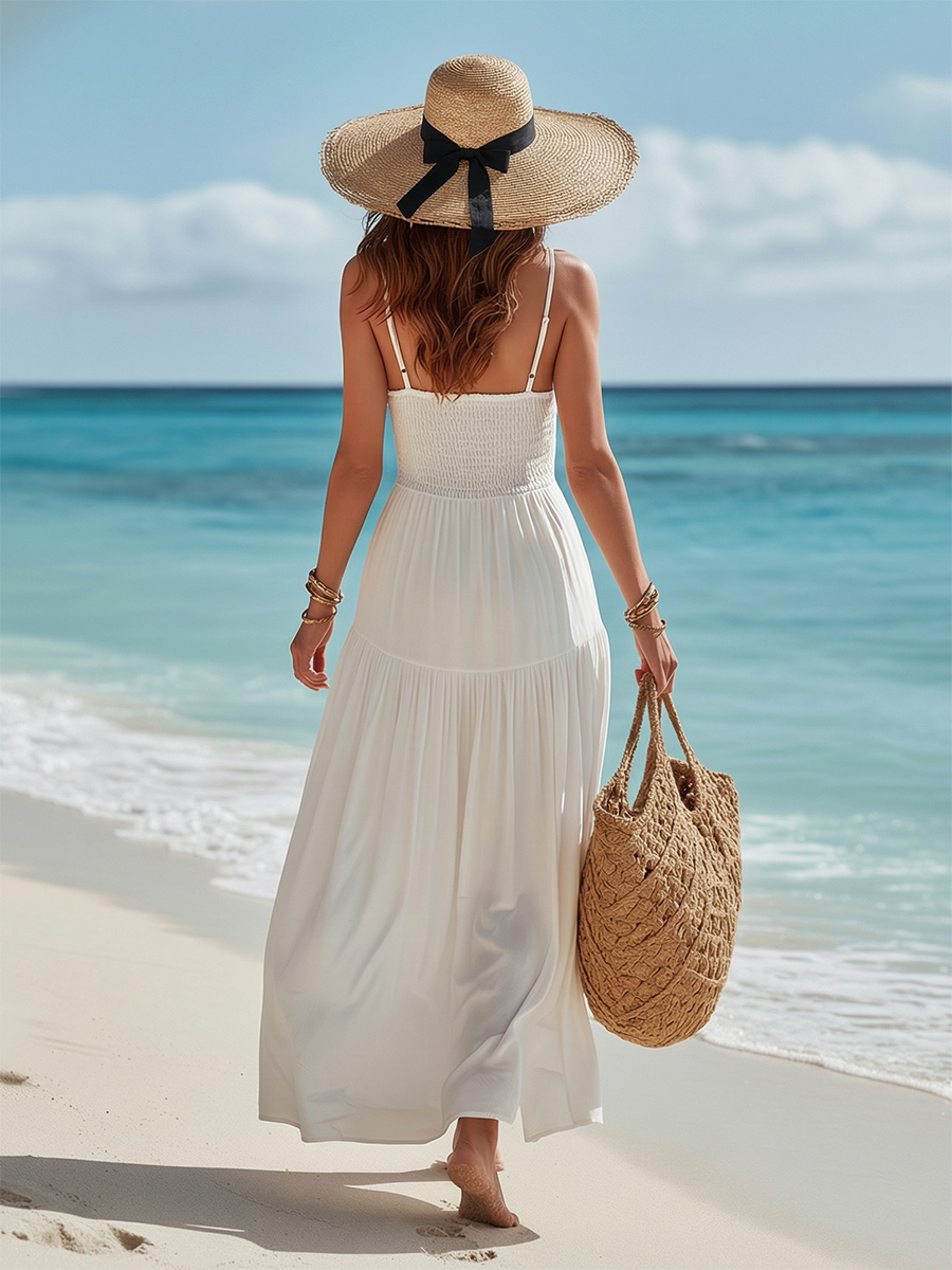 Romantic Bohemian Double-Strap White Cotton-Linen Maxi Dress