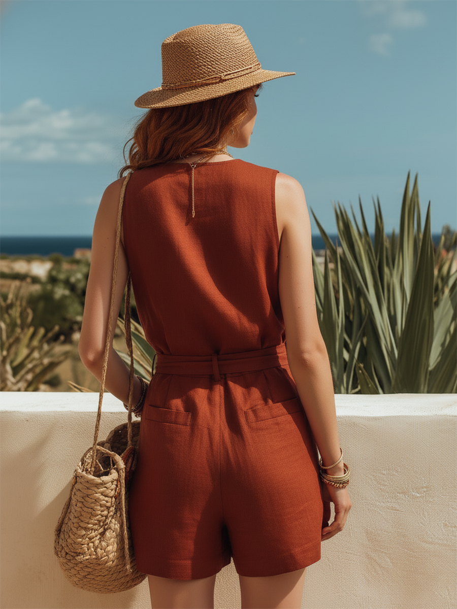 Vacation-Style Red Sleeveless V-Neck Top And Shorts Set
