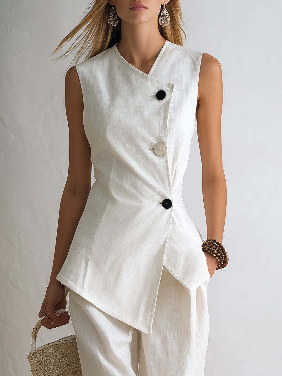 Minimalist Vacation White Cotton Linen Sleeveless Asymmetrical Neckline Contrasting Button Vest With Turned-Up Hem Pants Set