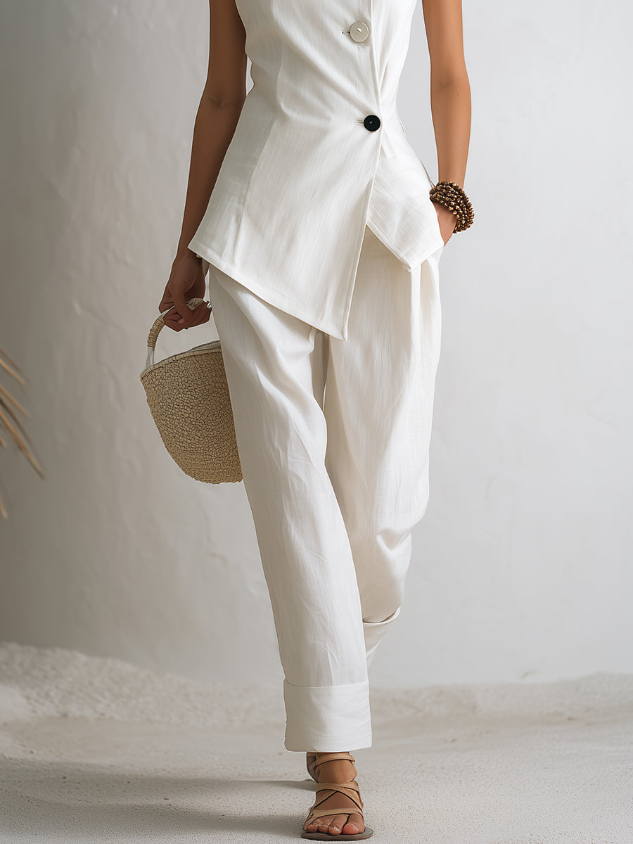 Minimalist Vacation White Cotton Linen Sleeveless Asymmetrical Neckline Contrasting Button Vest With Turned-Up Hem Pants Set