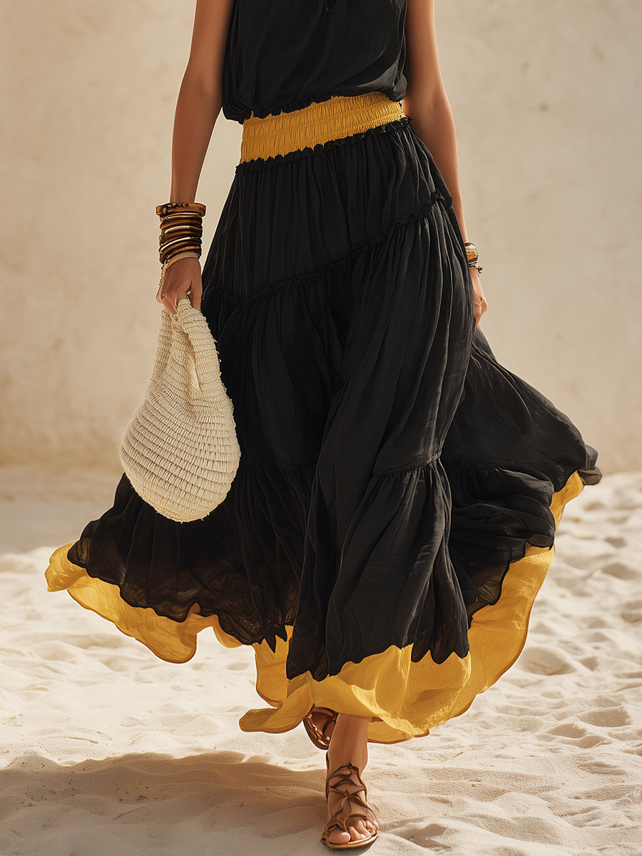 Bohemian Black Chiffon Halter Neck Loose Yellow Fitted Waist Sleeveless Maxi Dress