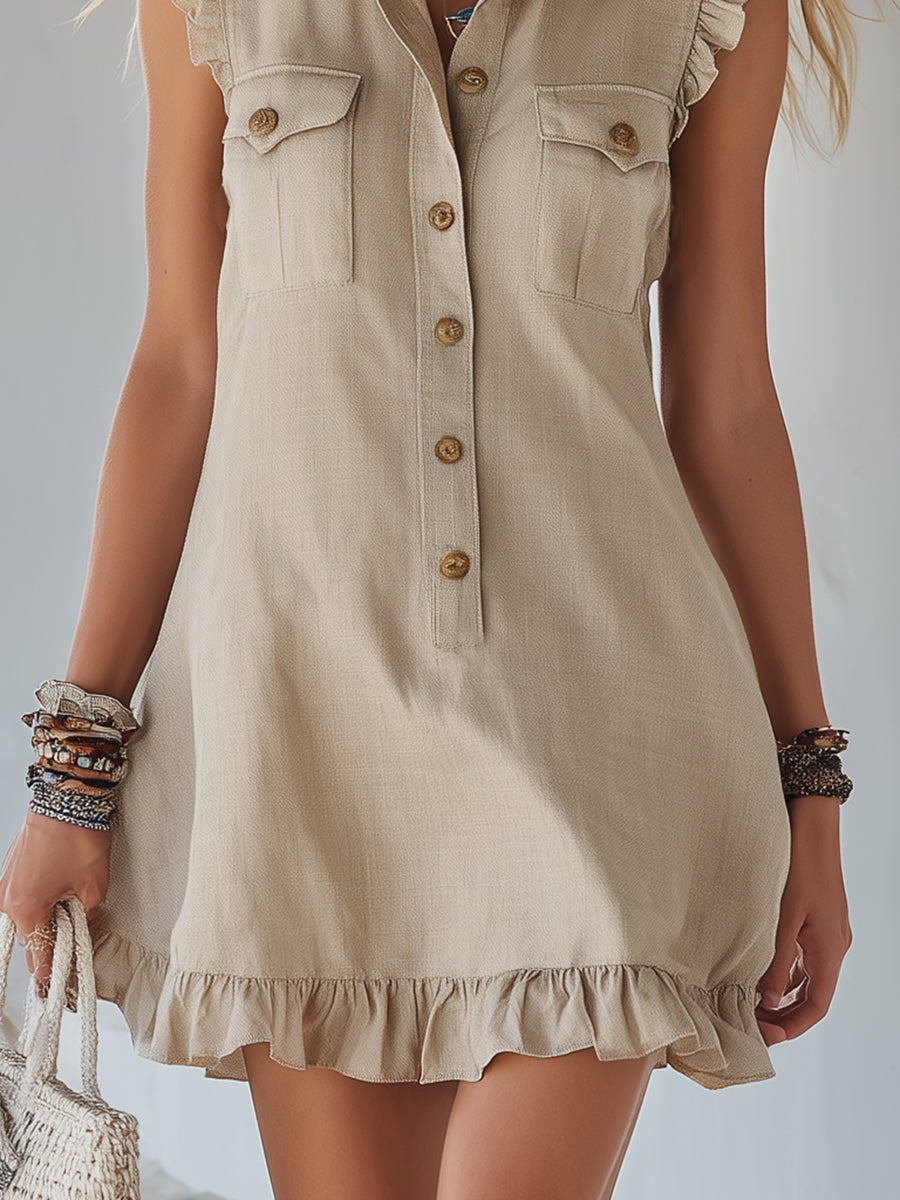 Casual Vacation Beige Cotton Linen Collared Button-Down Sleeveless Ruffled Mini Dress