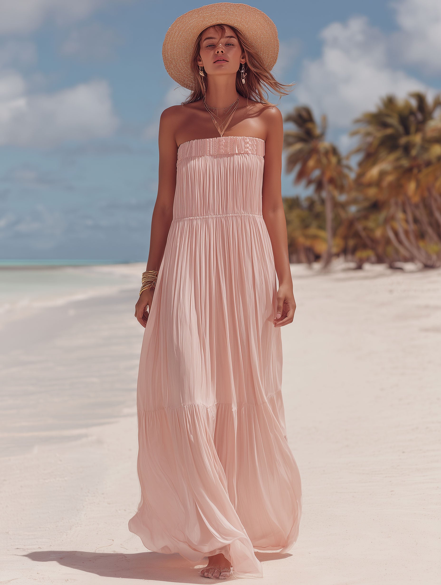 Elegant French-Style Pink Pleated Chiffon For Vacation Maxi Dress
