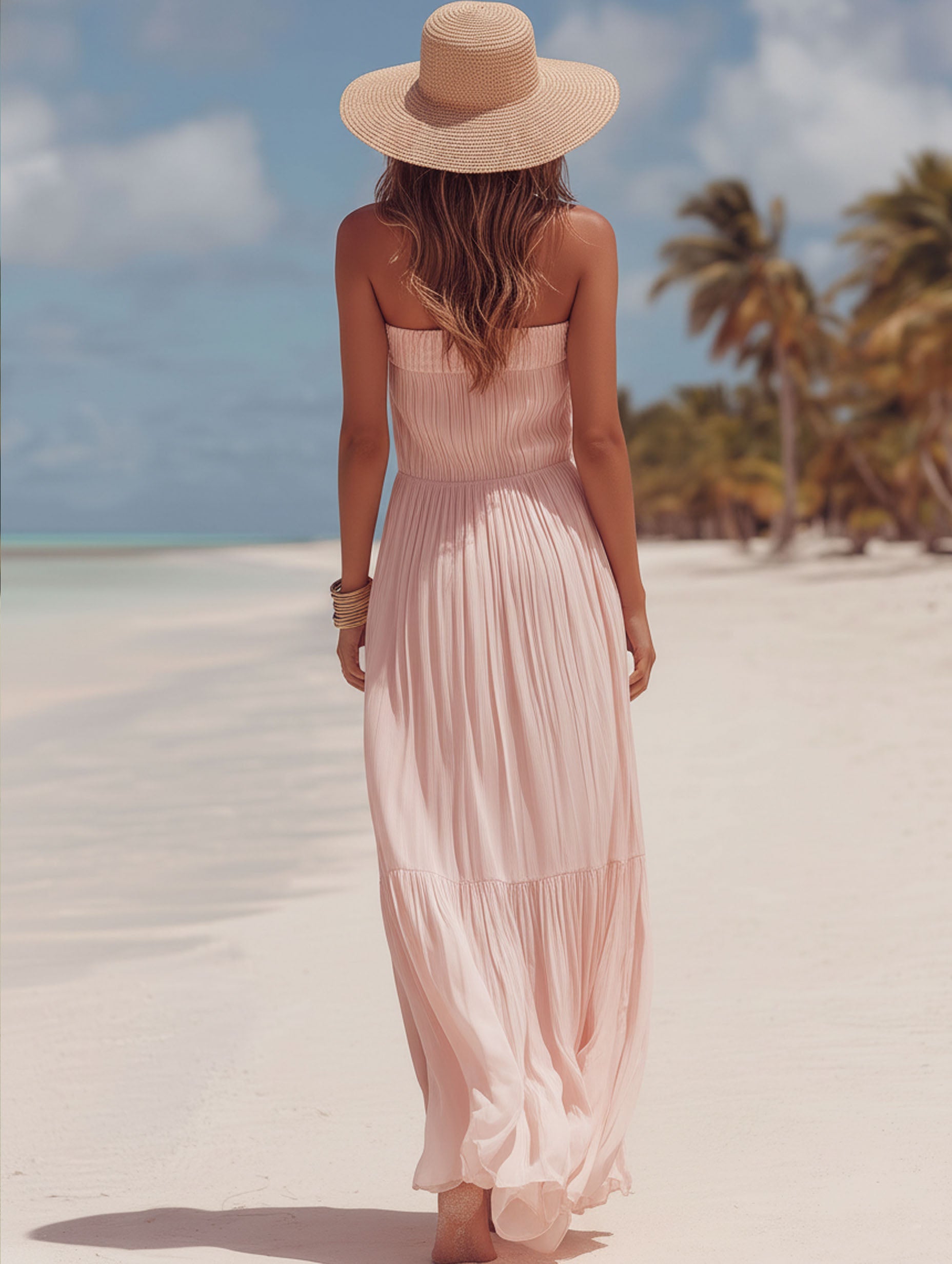 Elegant French-Style Pink Pleated Chiffon For Vacation Maxi Dress