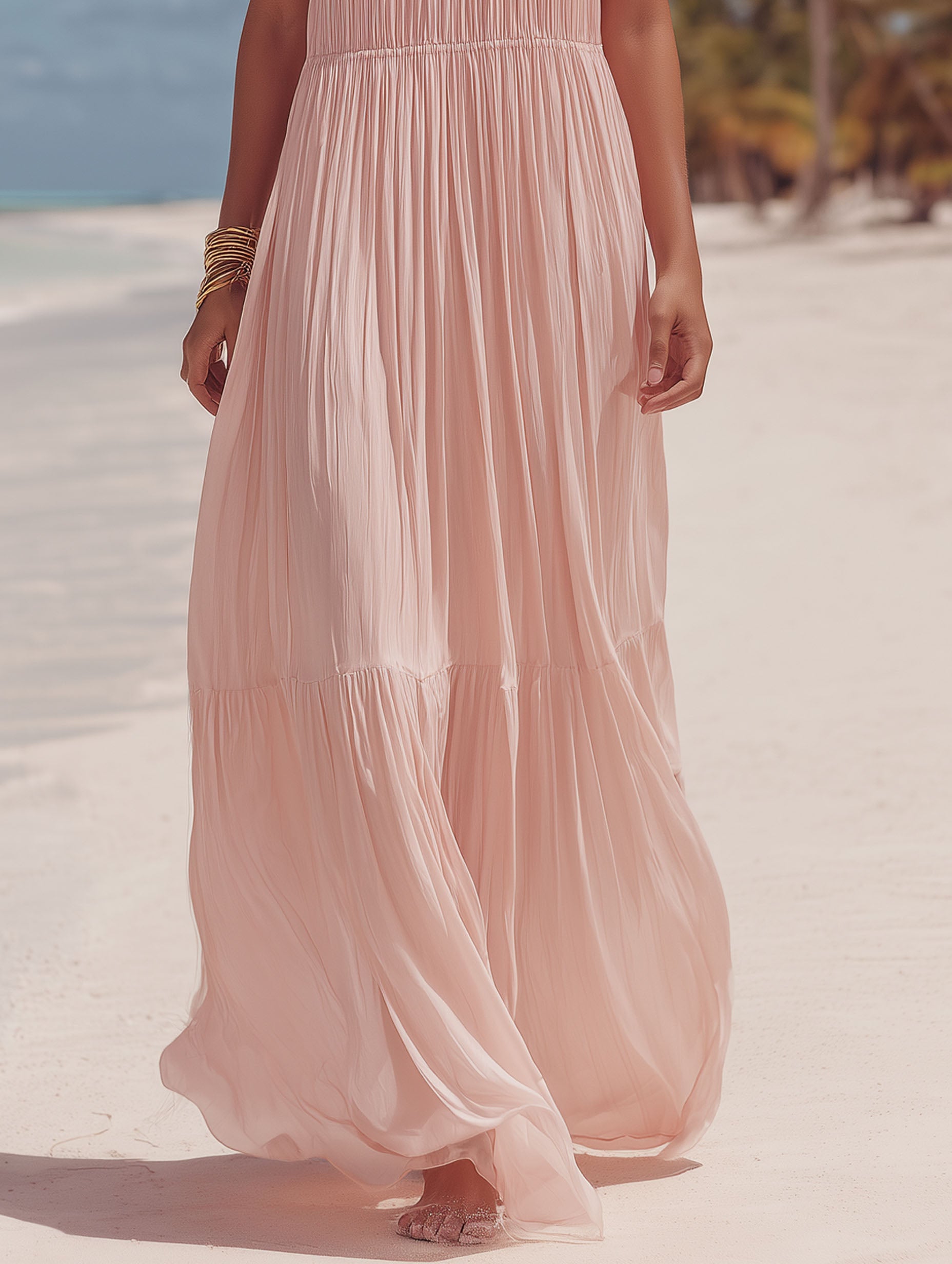Elegant French-Style Pink Pleated Chiffon For Vacation Maxi Dress