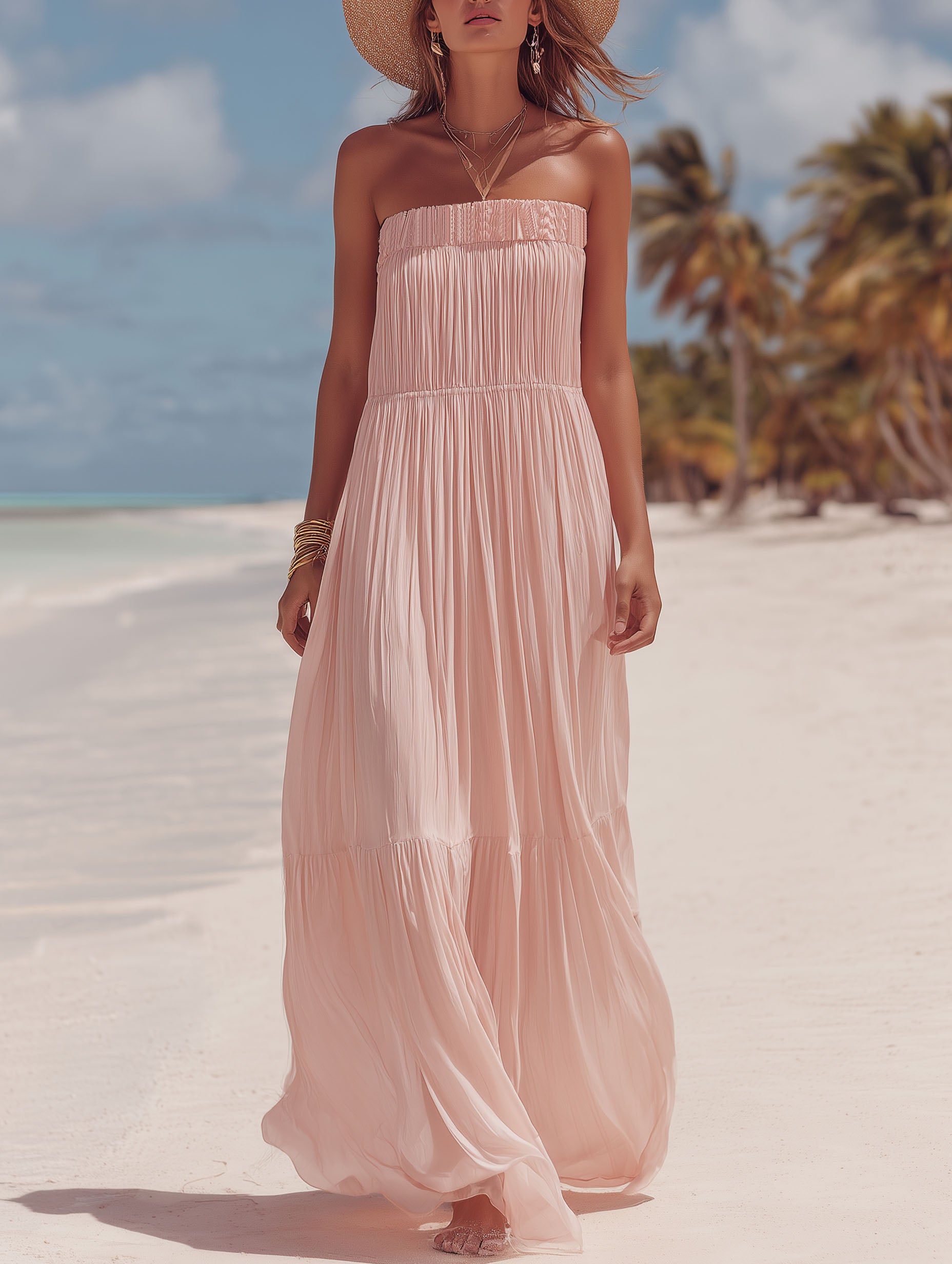 Elegant French-Style Pink Pleated Chiffon For Vacation Maxi Dress