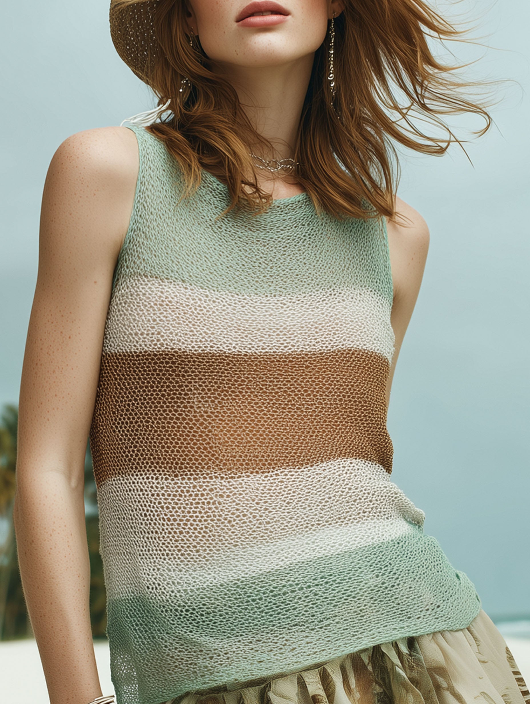 Resort-Style French-Style Sleeveless Green Knit Top And Chiffon Mini Skirt Set