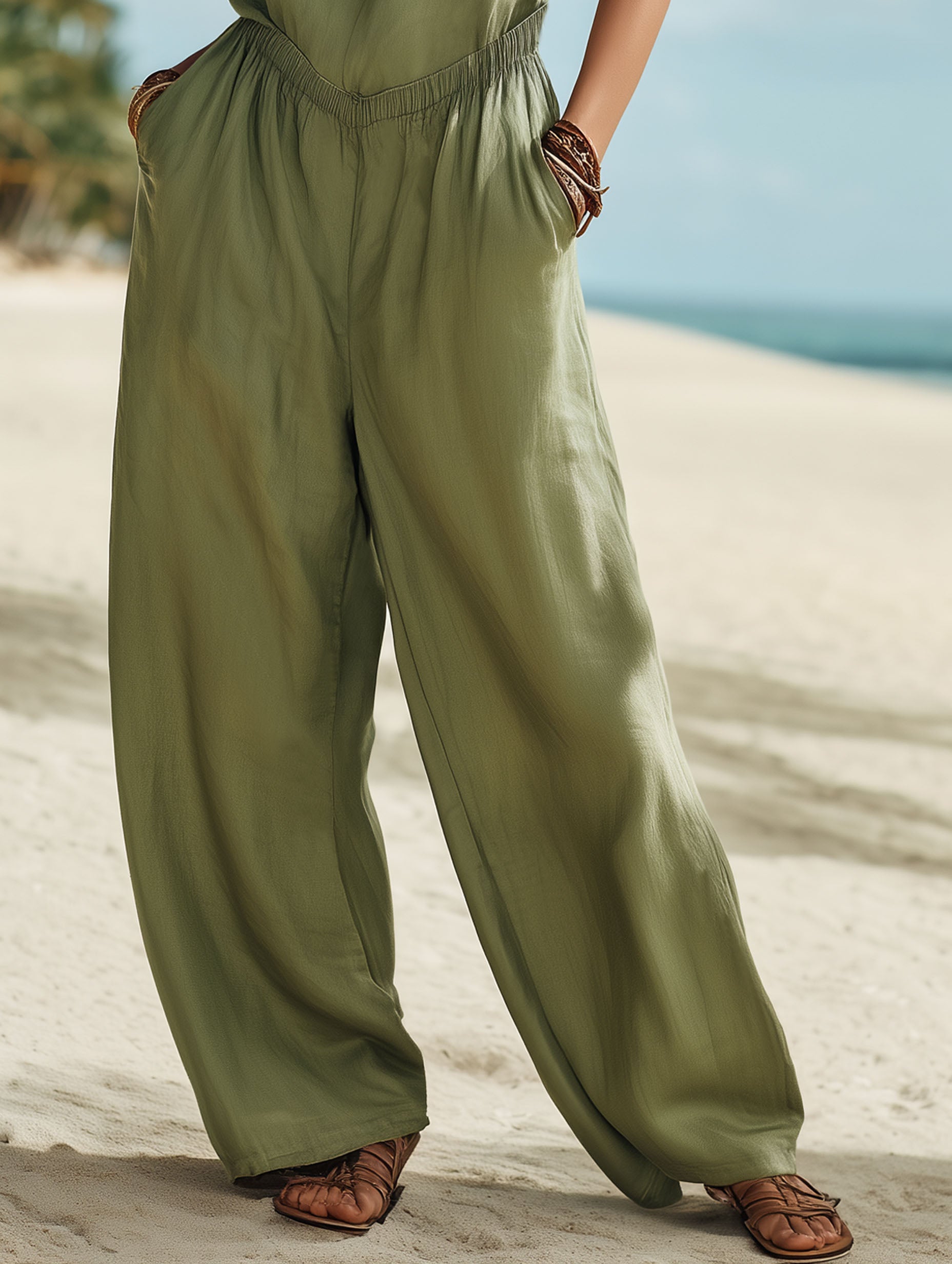 Resort Casual Green Tencel Sleeveless Jumpsuit