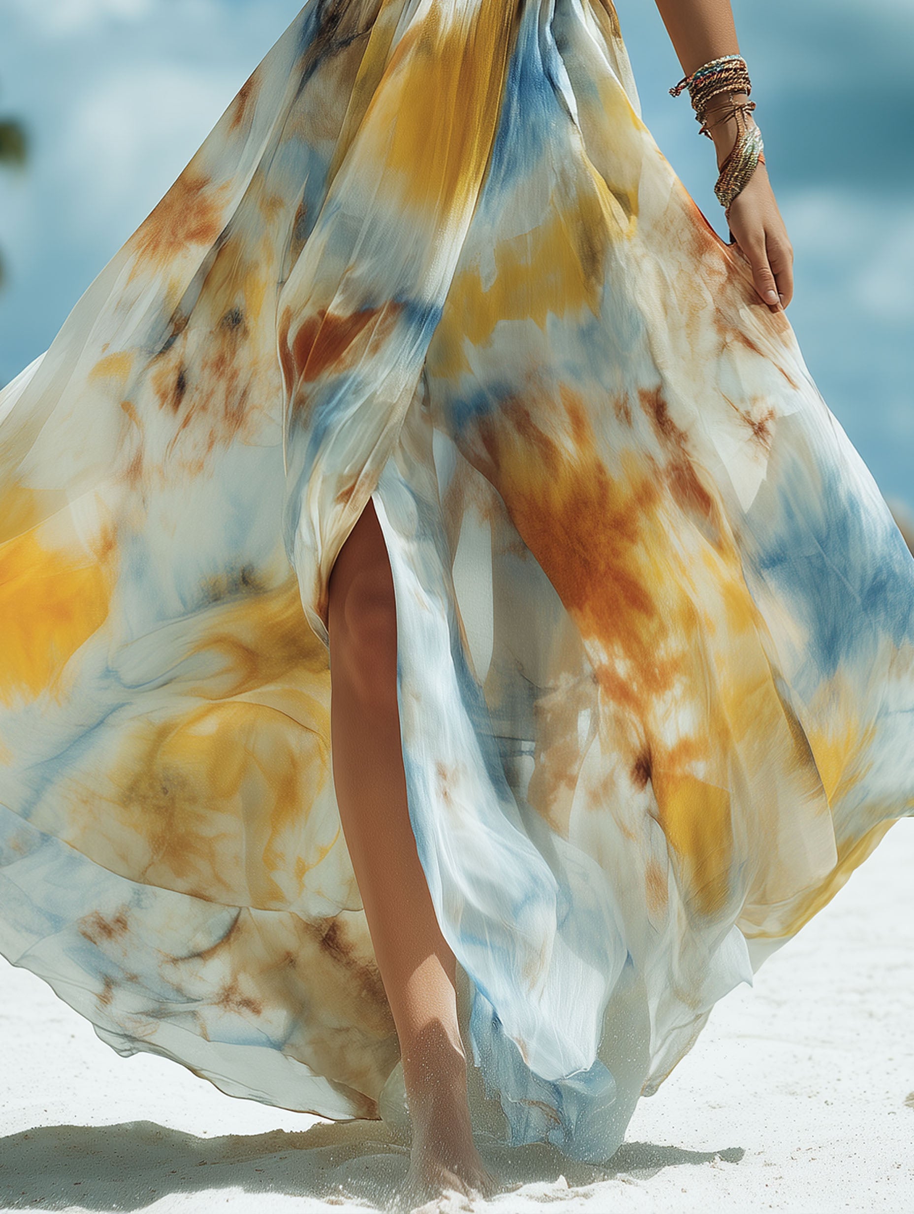 Holiday Tie-Dye Yellow And Blue Chiffon Printed Maxi Dress