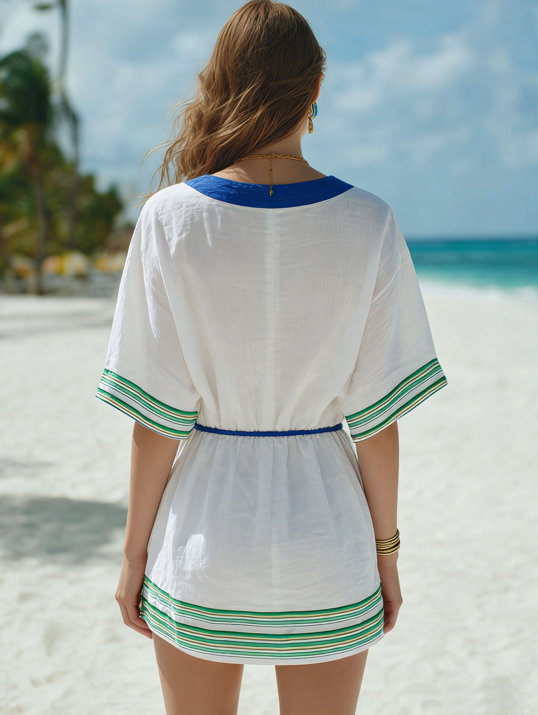 Vacation Casual Blue V-Neck Patchwork Short-Sleeved White Mini Dress