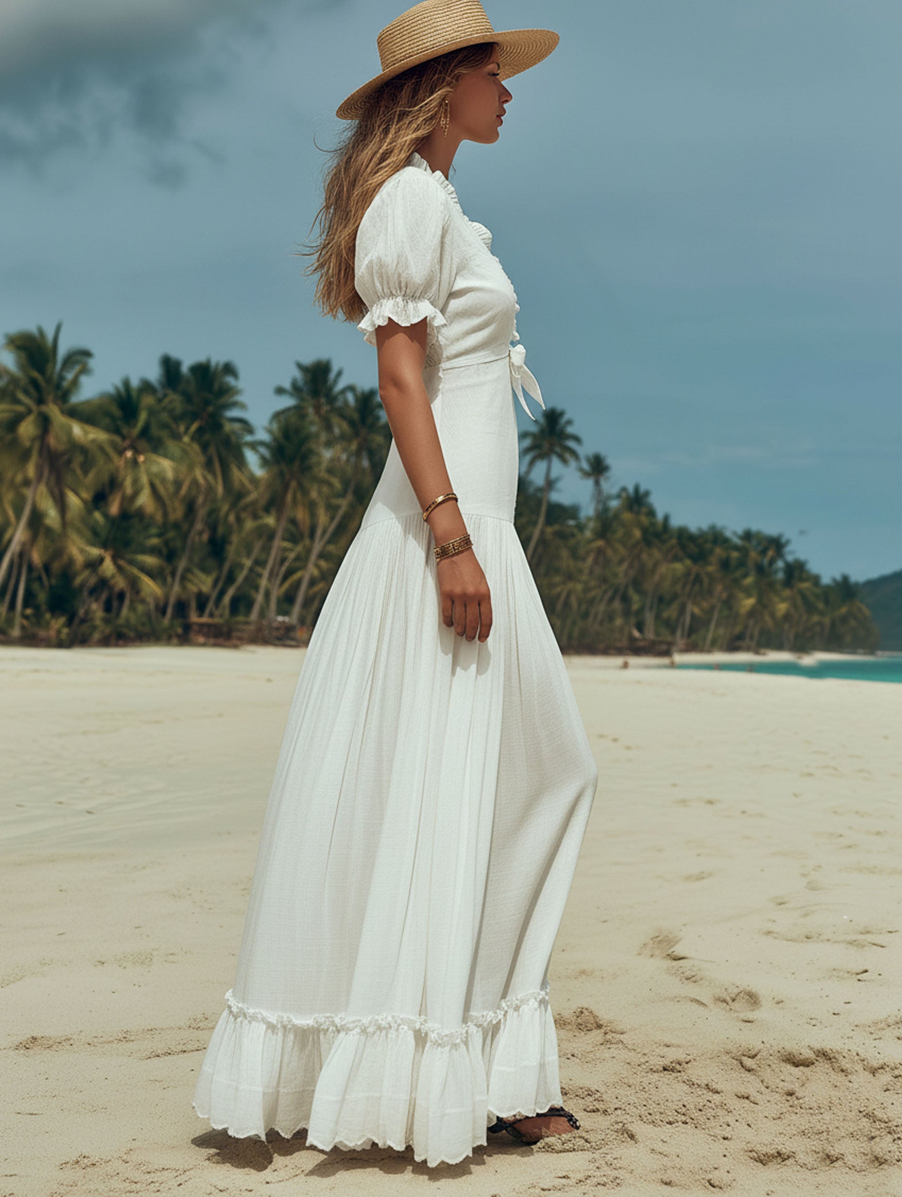 French-Style French Cotton Linen Short-Sleeved V-Neck White With Waist Tie Maxi Dress
