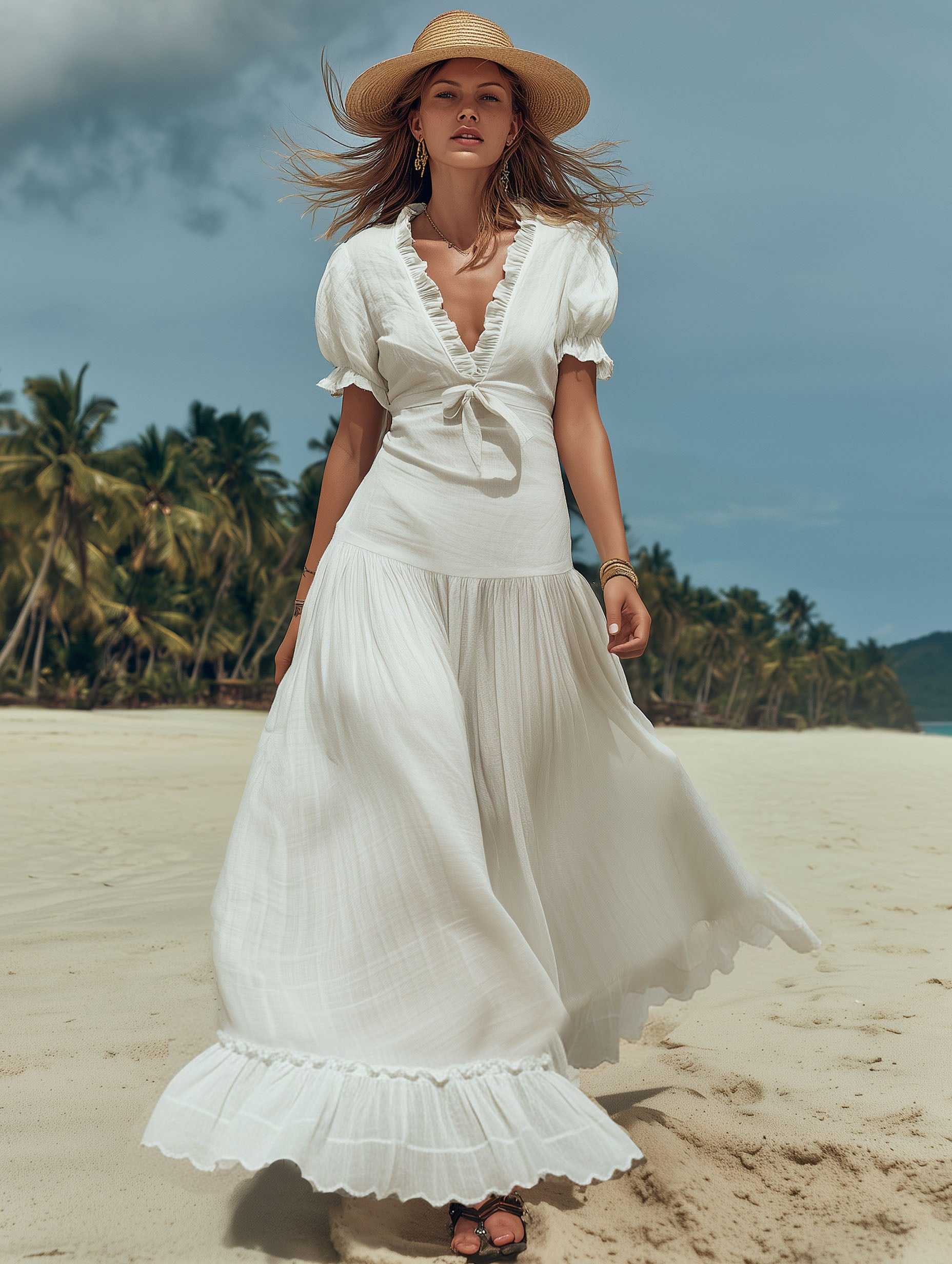 French-Style French Cotton Linen Short-Sleeved V-Neck White With Waist Tie Maxi Dress