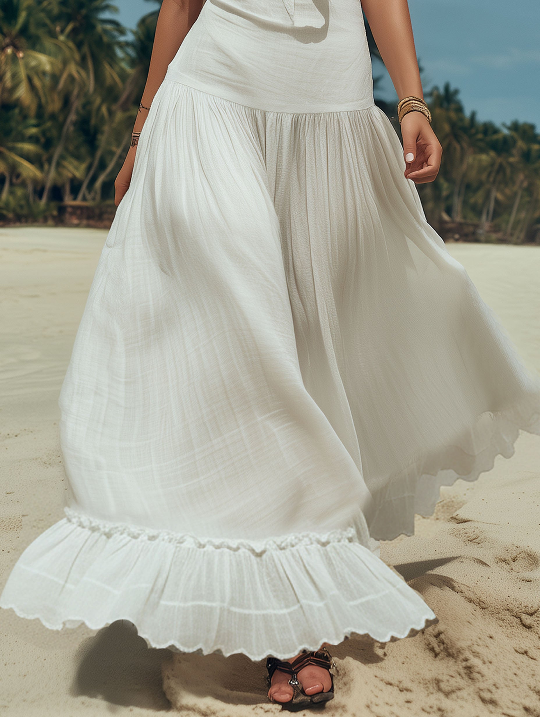 French-Style French Cotton Linen Short-Sleeved V-Neck White With Waist Tie Maxi Dress