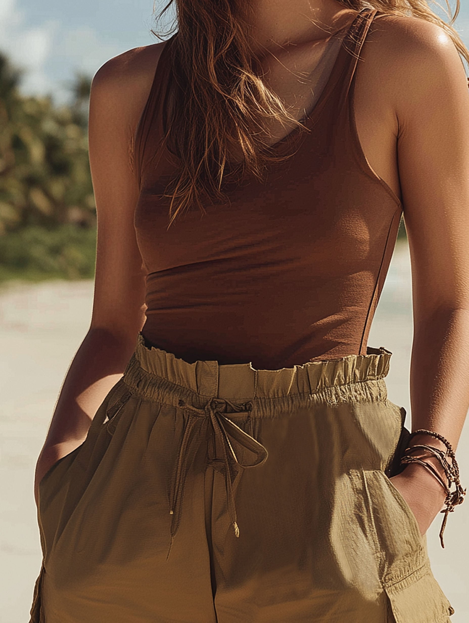 Vacation Casual Khaki Drawstring Cargo Shorts