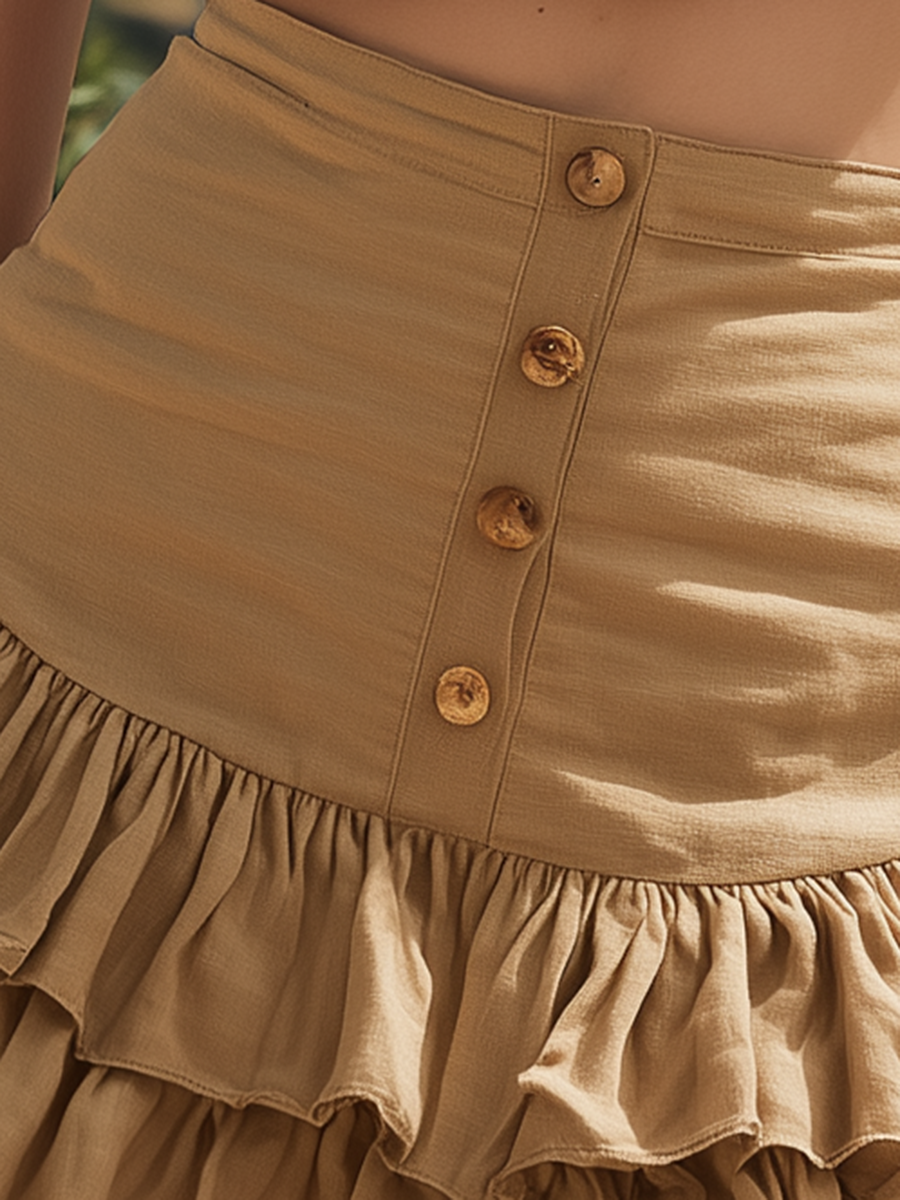 Vacation-Style Brown Ruffled Mini Skirt