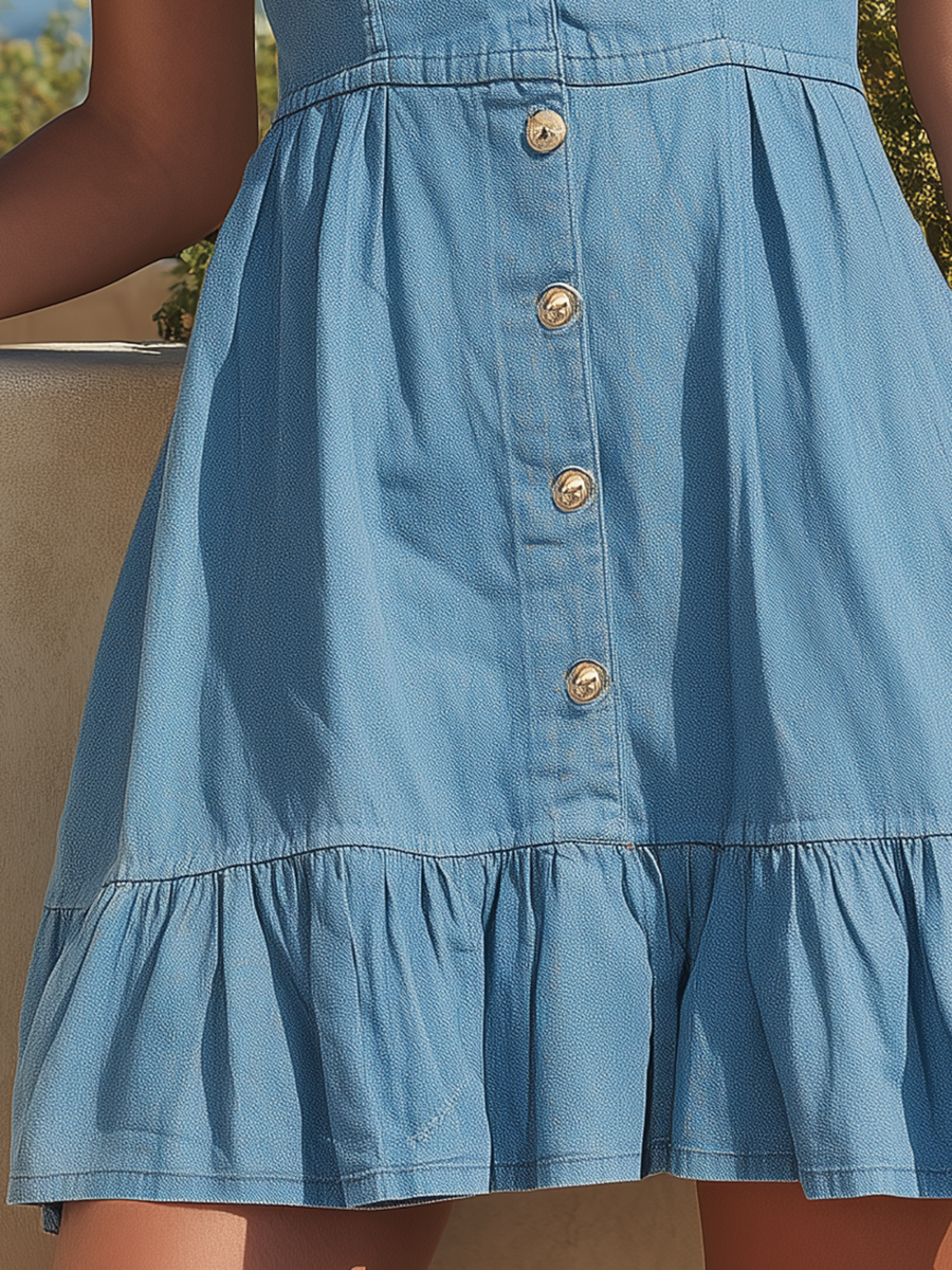 Vacation-Style Blue Denim Sleeveless Button-Down Mini Dress
