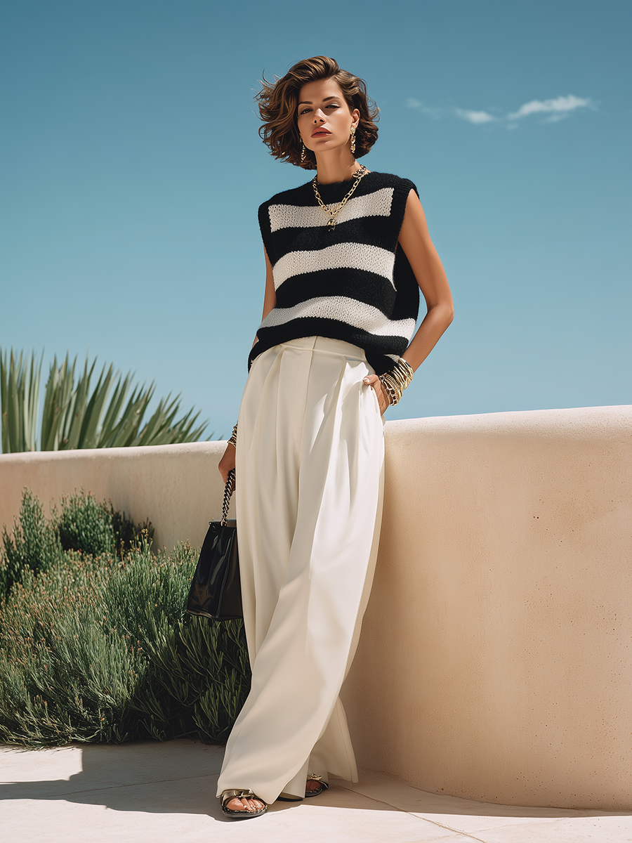 Resort-style Sleeveless Round Neck Black And White Striped Top And Trousers Set