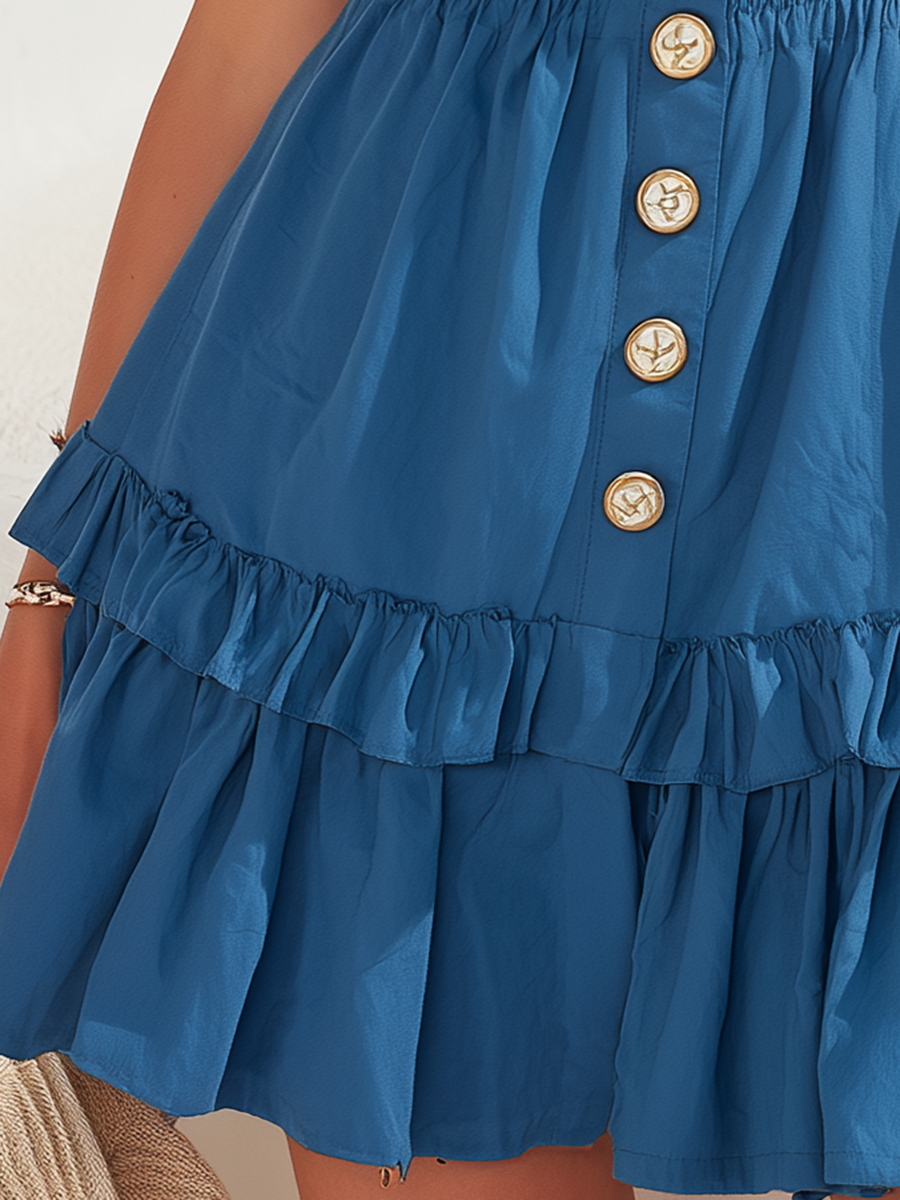 Vacation-Style Blue V-Neck Button-Front Mini Dress