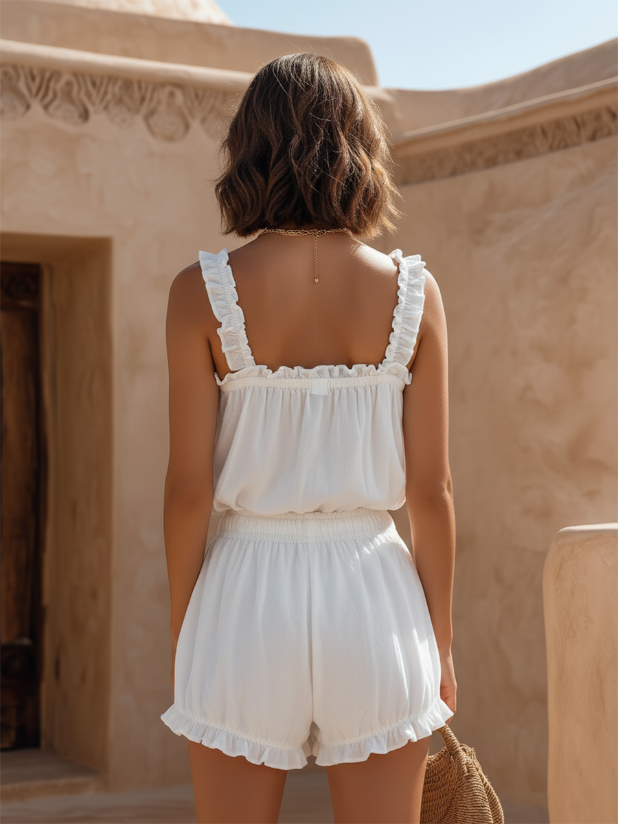 Vacation-Style Loose-Fit White Cami Top And Shorts Set