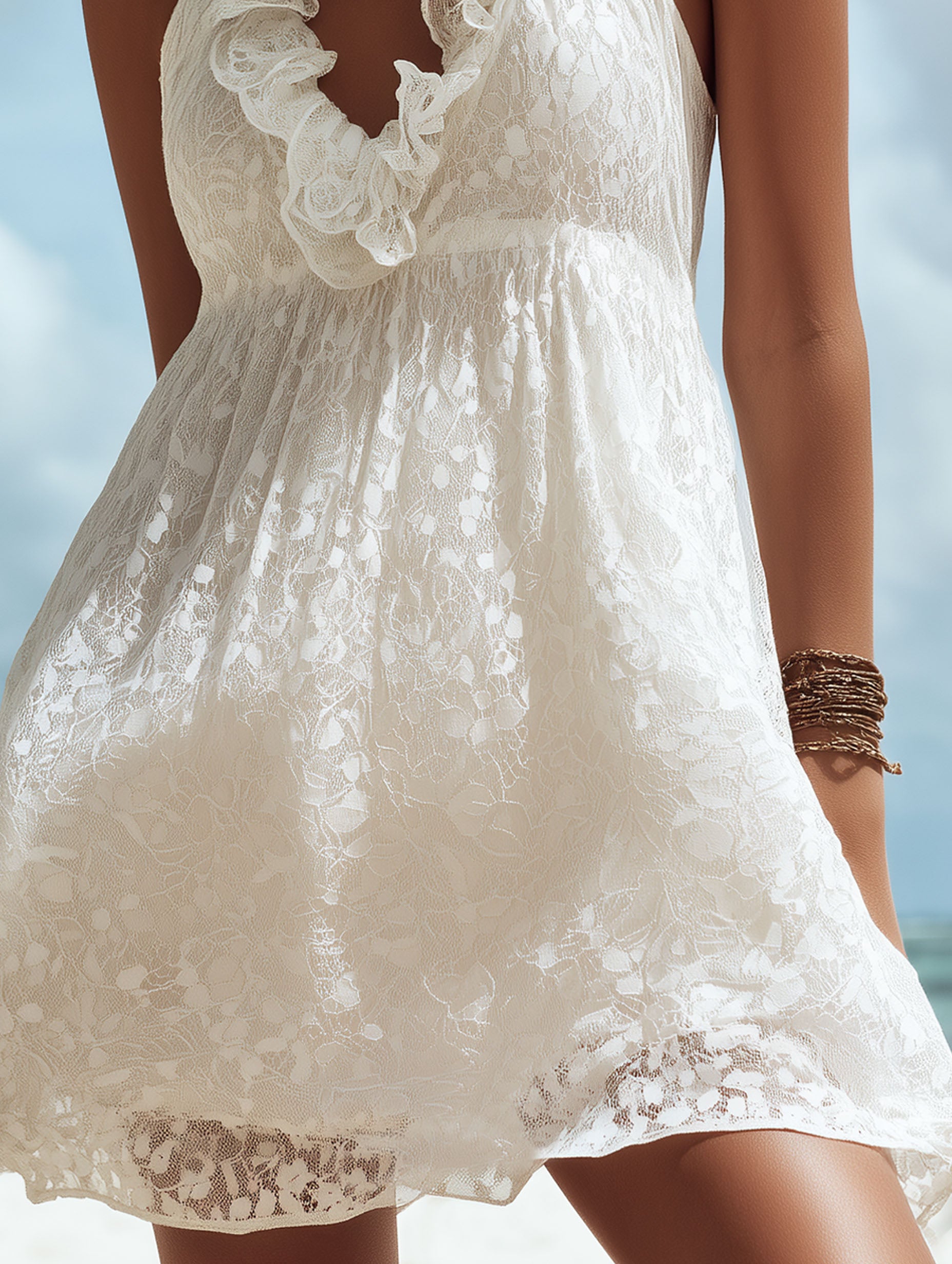 French-Style White Lace V-Neck Ruffled Mini Dress