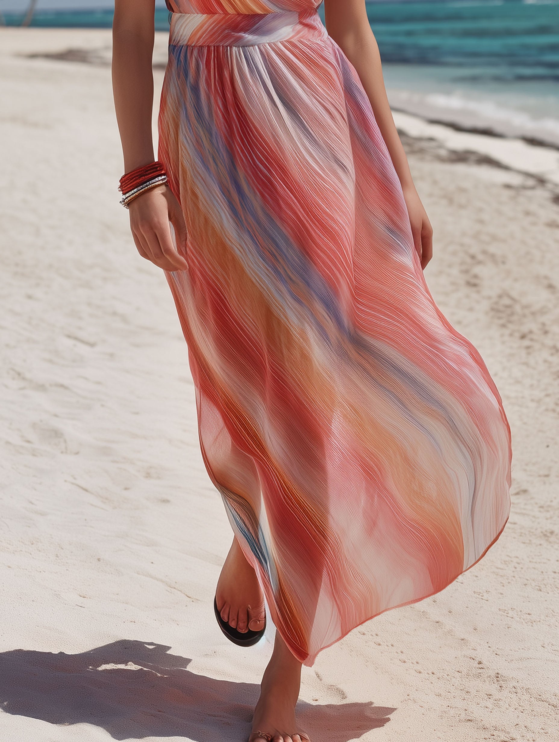 Resort-Style French V-Neck Chiffon Pink Striped Maxi Dress