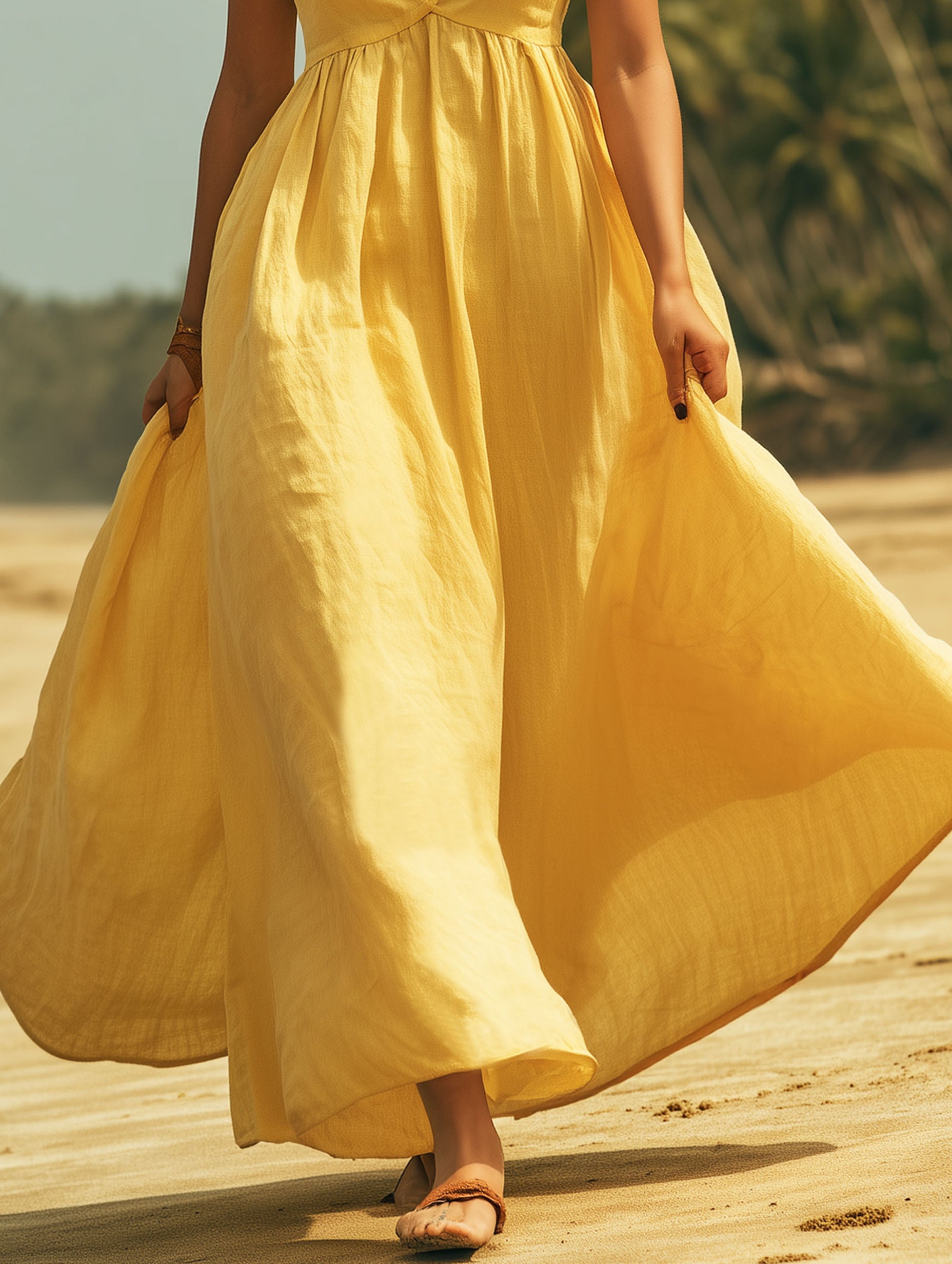 Resort-Style French V-Neck Linen Yellow Maxi Dress