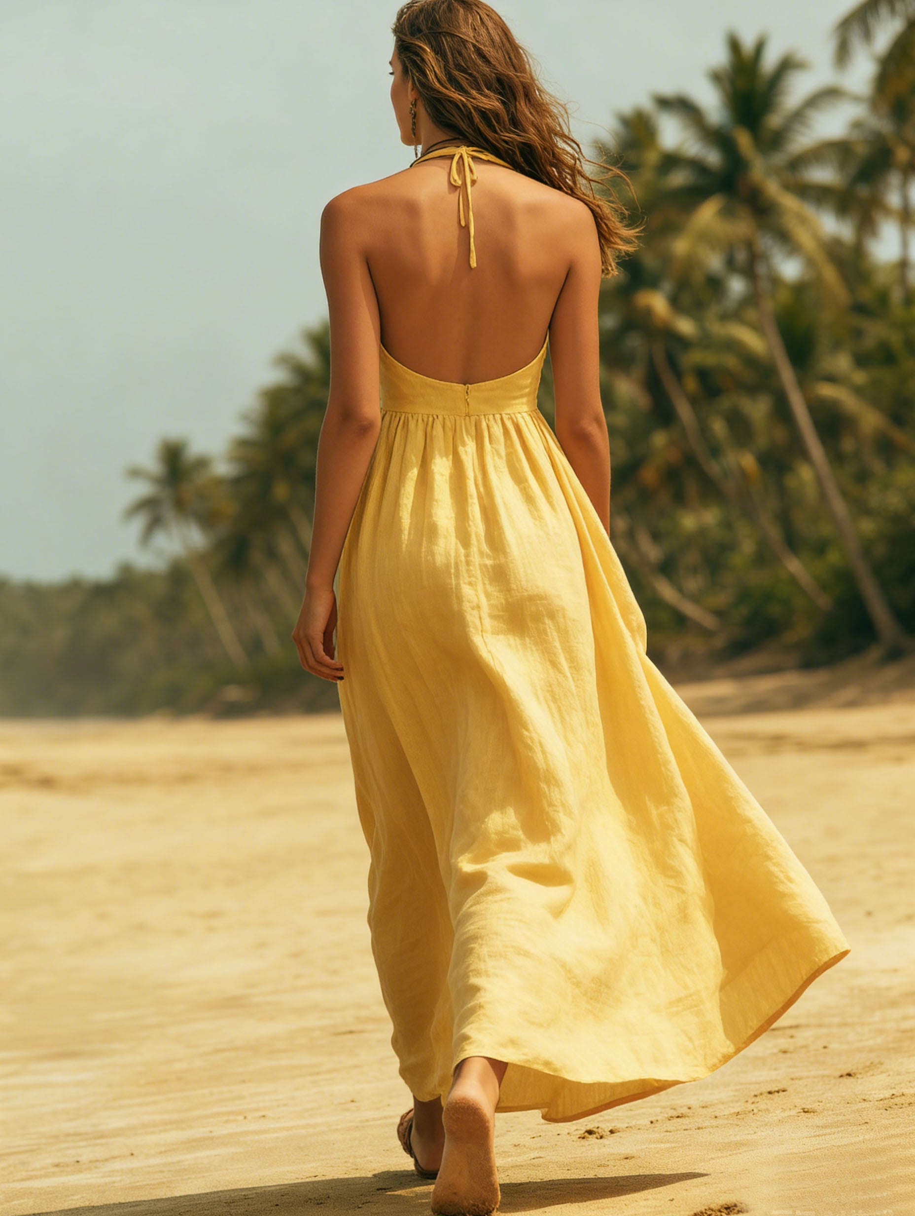 Resort-Style French V-Neck Linen Yellow Maxi Dress
