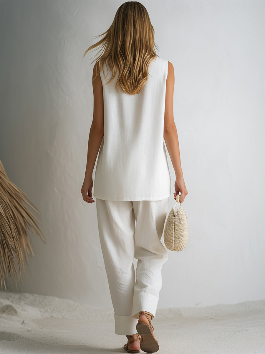 Minimalist Vacation White Cotton Linen Sleeveless Asymmetrical Neckline Contrasting Button Vest With Turned-Up Hem Pants Set