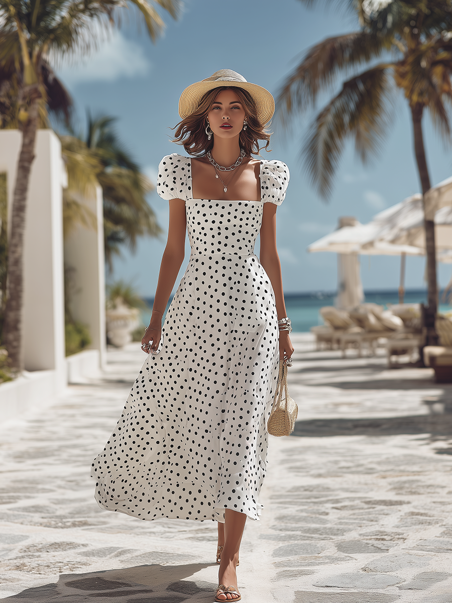 Resort-style White Short-sleeved Polka Dot Midi Dress