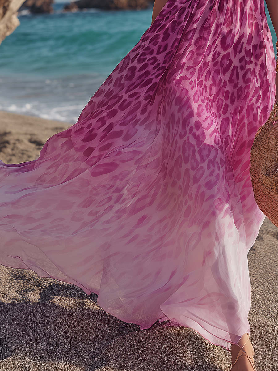 Romantic Bohemian 3D Floral Sleeveless Pink Leopard Print Ombré Chiffon Maxi Dress