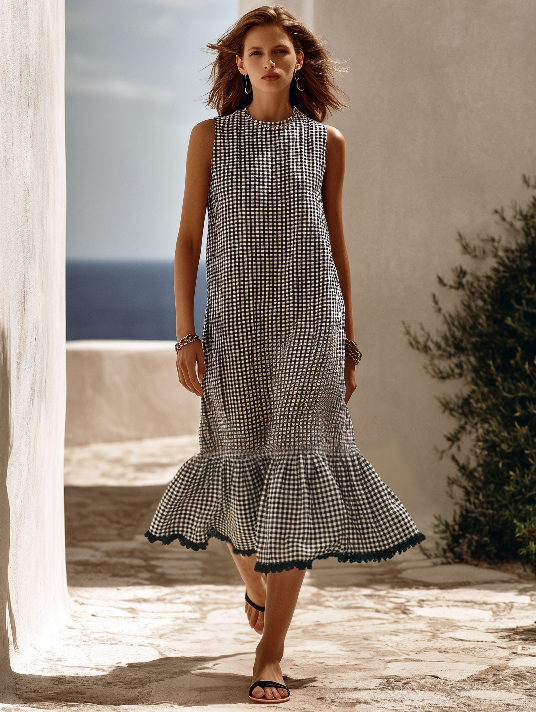 Resort Casual Black And White Checkered Sleeveless Black Ruffled Midi Dress