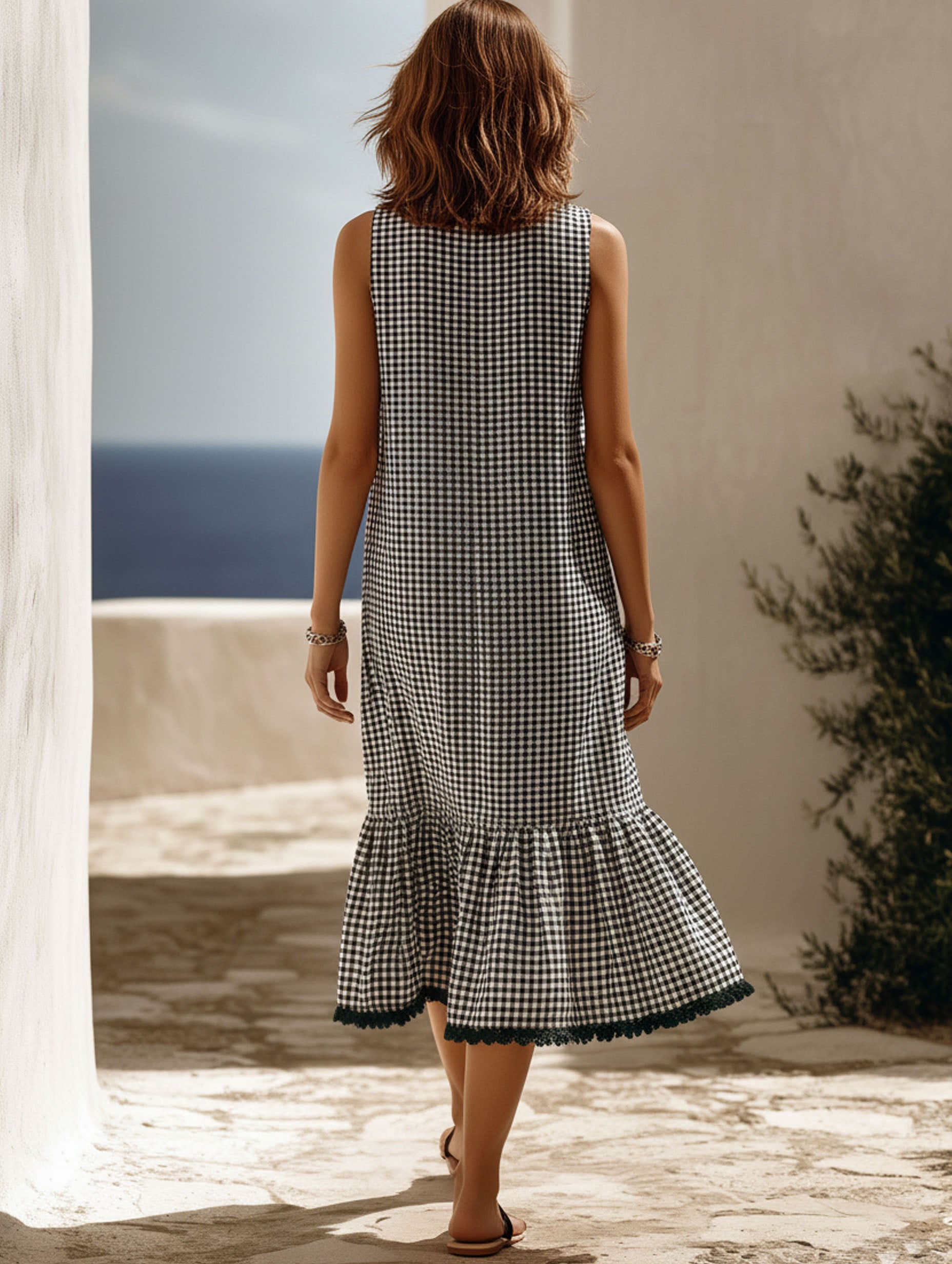 Resort Casual Black And White Checkered Sleeveless Black Ruffled Midi Dress