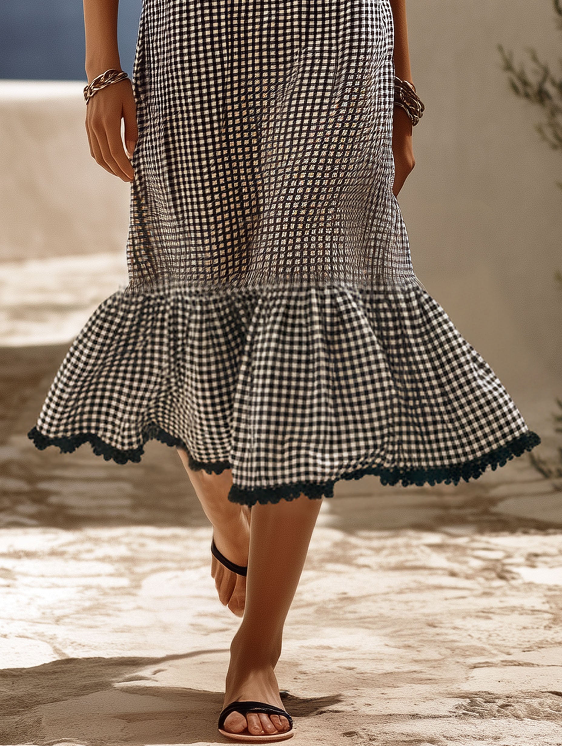 Resort Casual Black And White Checkered Sleeveless Black Ruffled Midi Dress