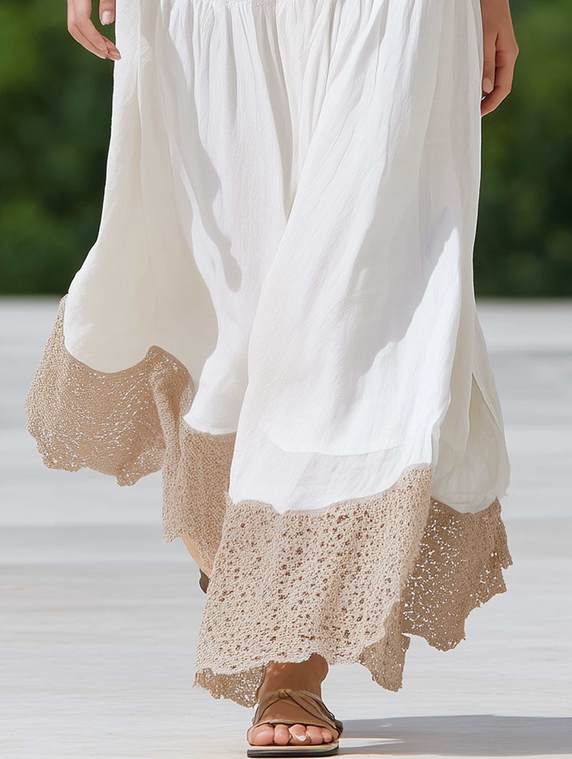 Resort-Style French Elegance White Cotton And Linen Patchwork Khaki Lace Midi Skirt