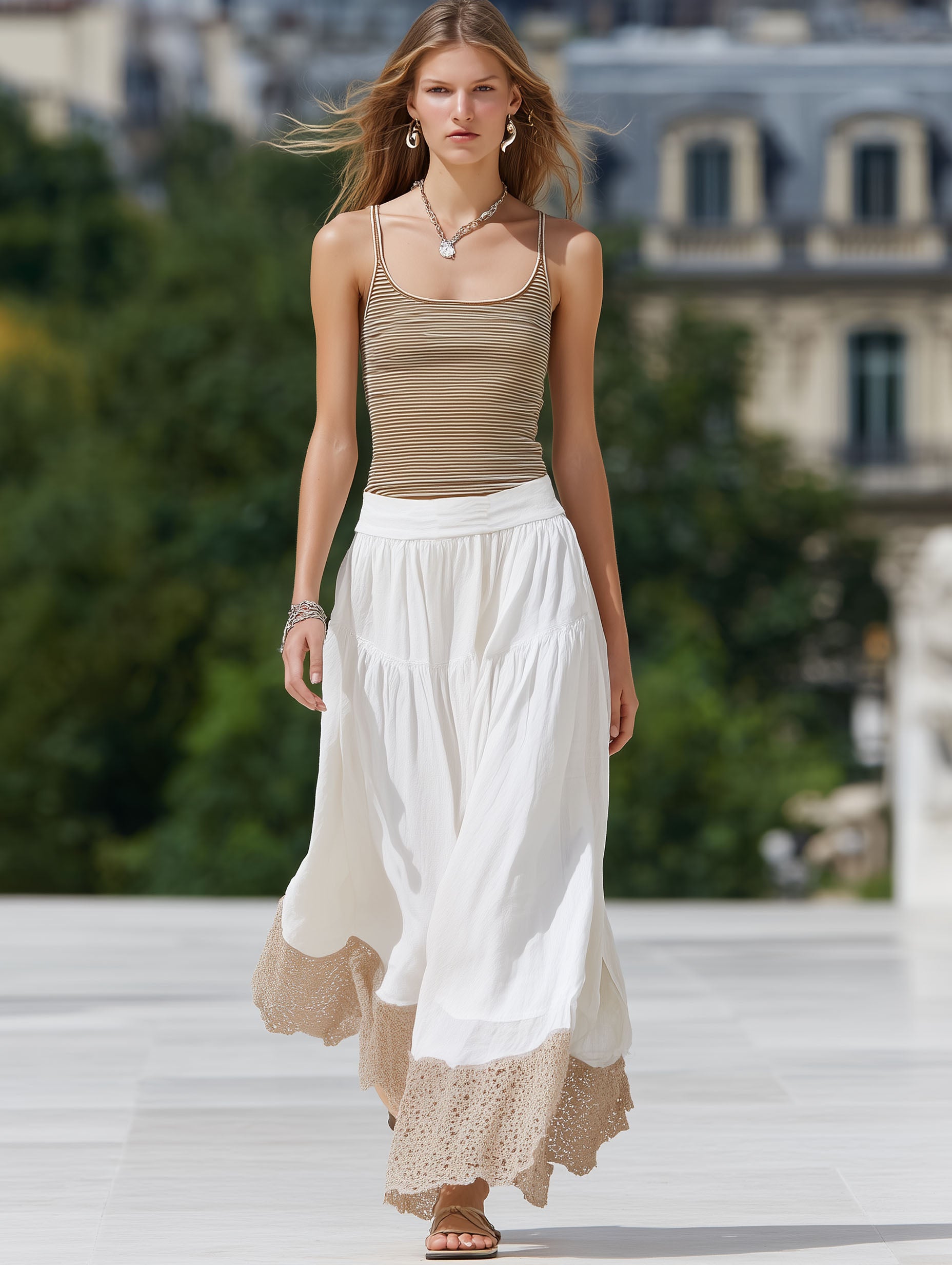Resort-Style French Elegance White Cotton And Linen Patchwork Khaki Lace Midi Skirt