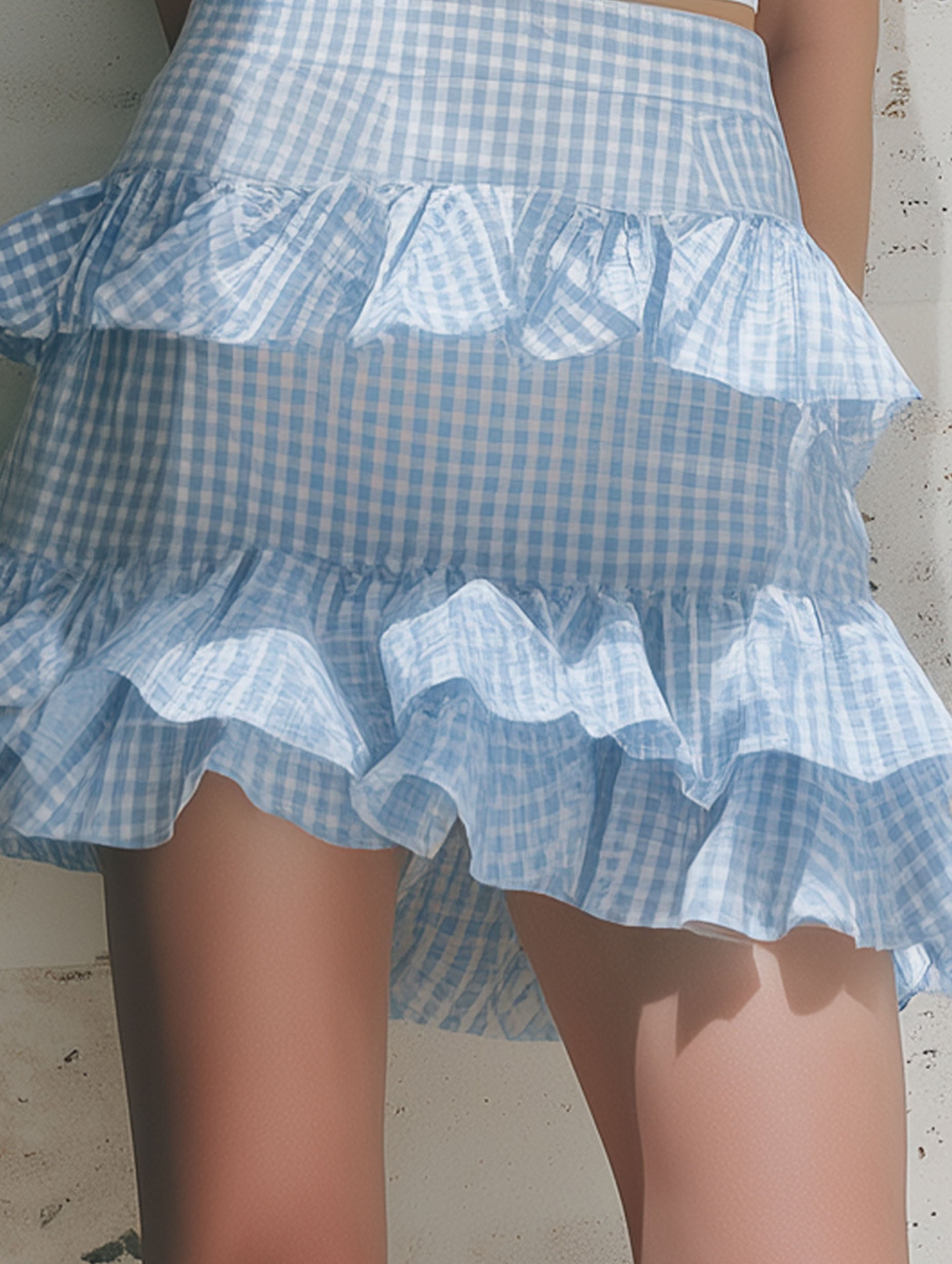 Resort-Style French Elegance Blue And White Plaid Cotton And Linen Ruffled Mini Skirt