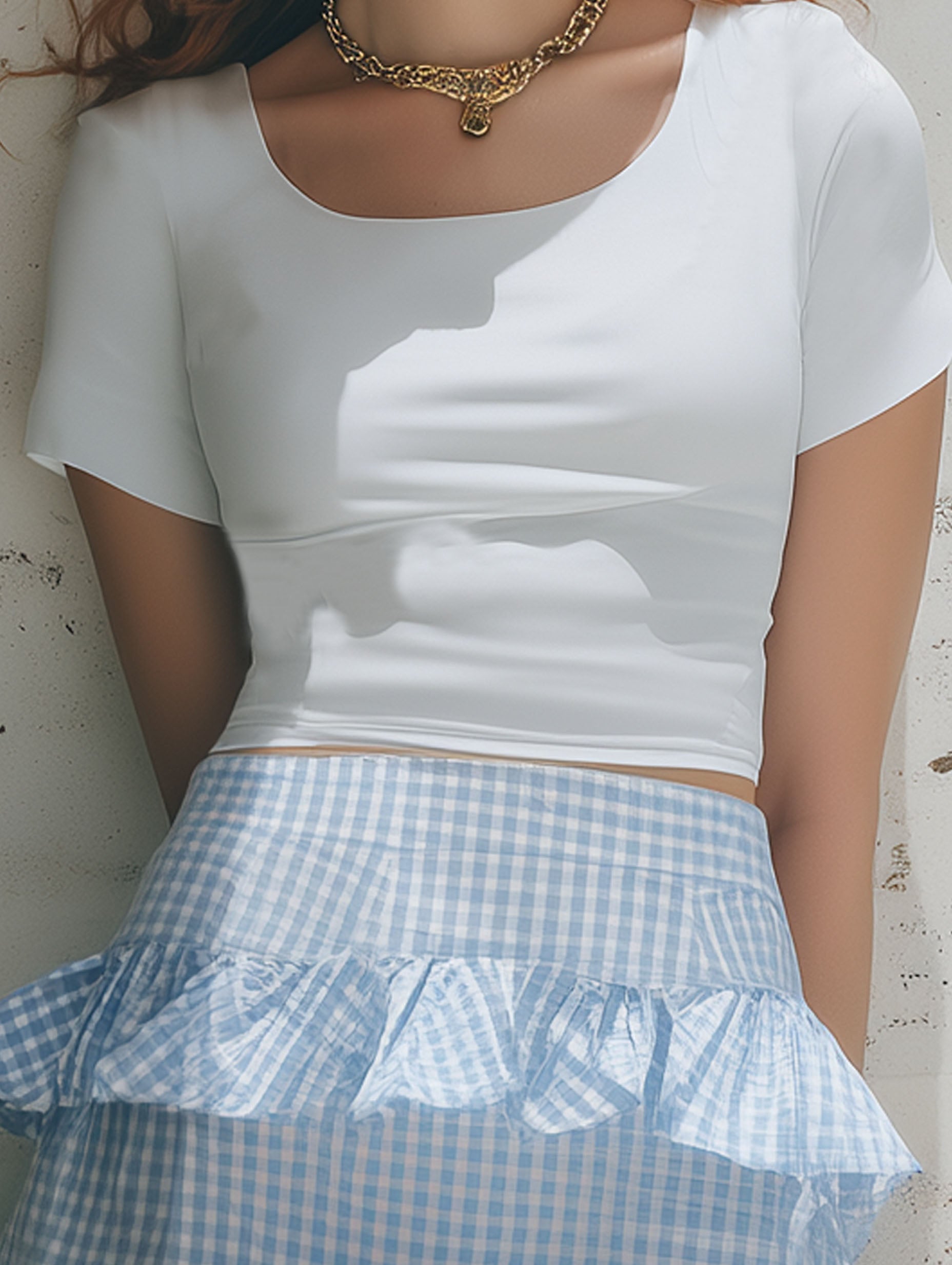 Resort-Style French Elegance Blue And White Plaid Cotton And Linen Ruffled Mini Skirt