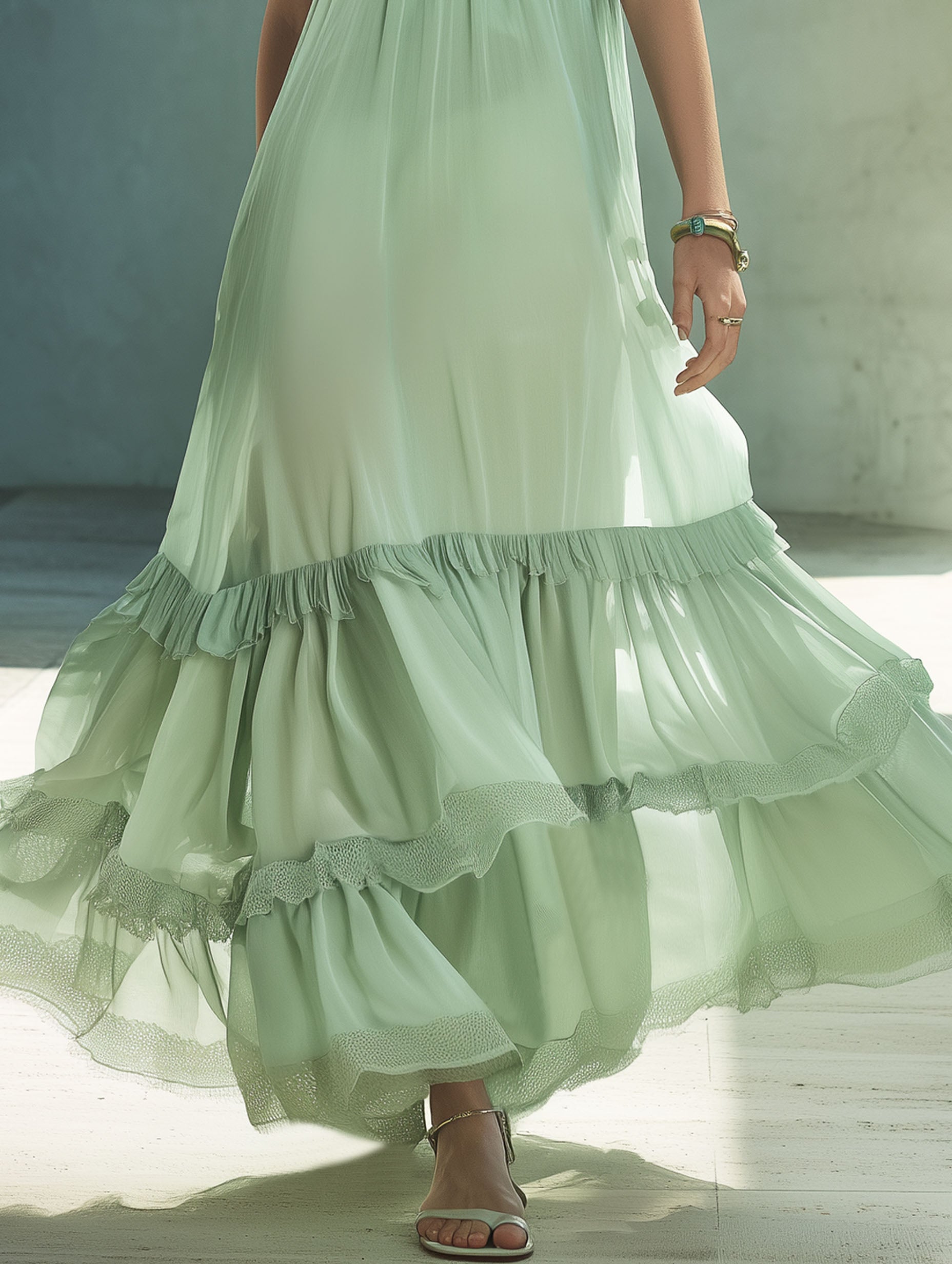 Resort-Style French Elegant Light Green Chiffon And Lace Maxi Dress