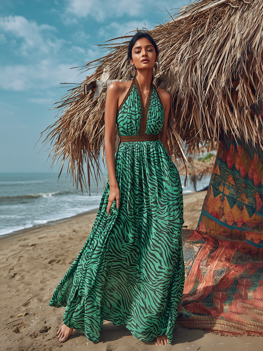 Retro Bohemian Brown Trim Green Zebra-Print Chiffon Maxi Dress